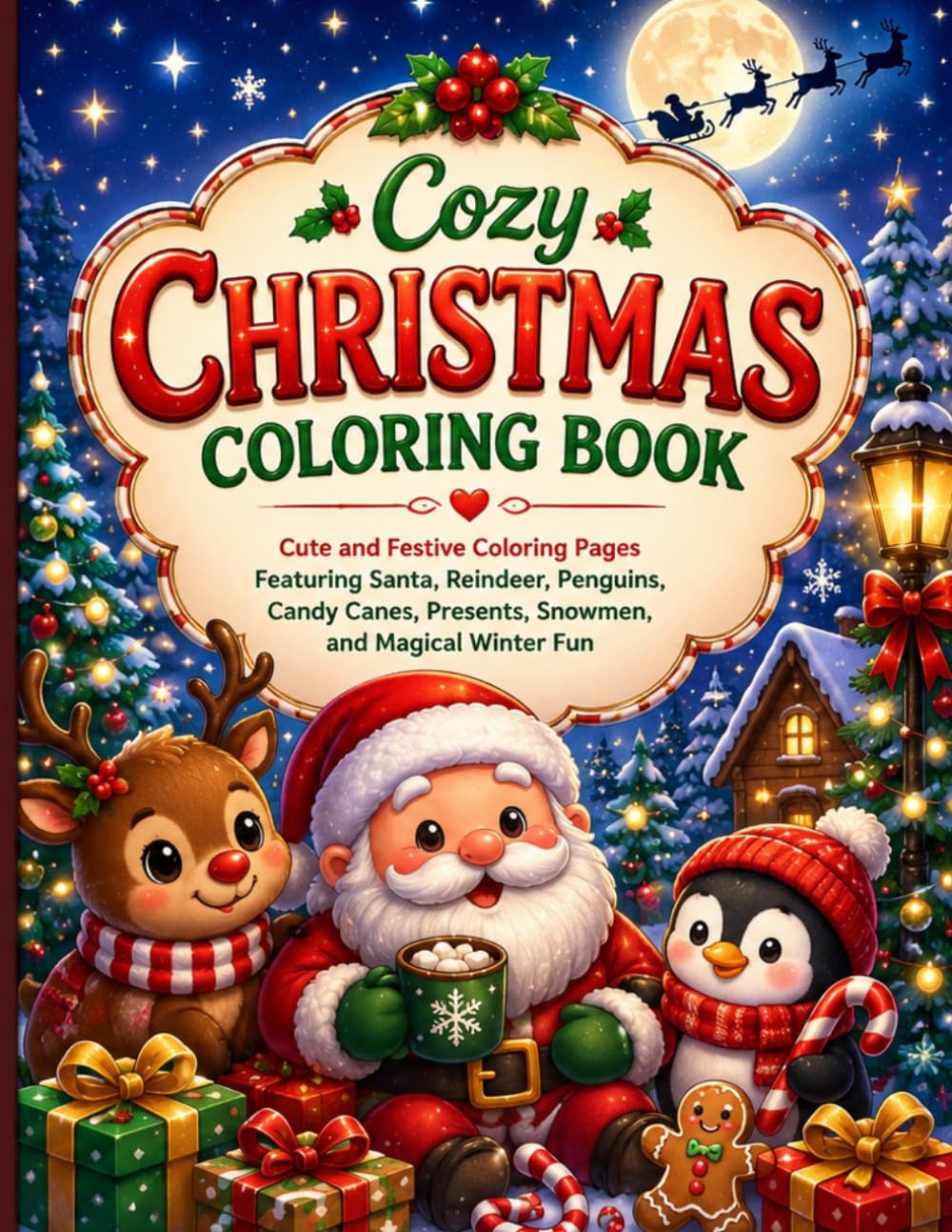 Cozy Christmas Coloring Book: Cute and Festive Coloring Pages Featuring Santa, Reindeer, Penguins, Candy Canes, Presents, Snowmen, and Magical Winter Fun