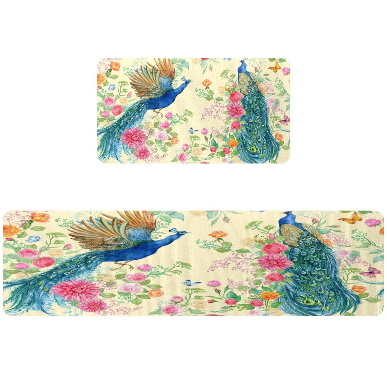 Tapis de cuisine antidérapants motif paon volant avec fleurs