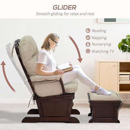 Miniatura 4 de HOMCOM Mecedora para guardería con otomana, asiento acolchado grueso y base de madera, color blanco crema