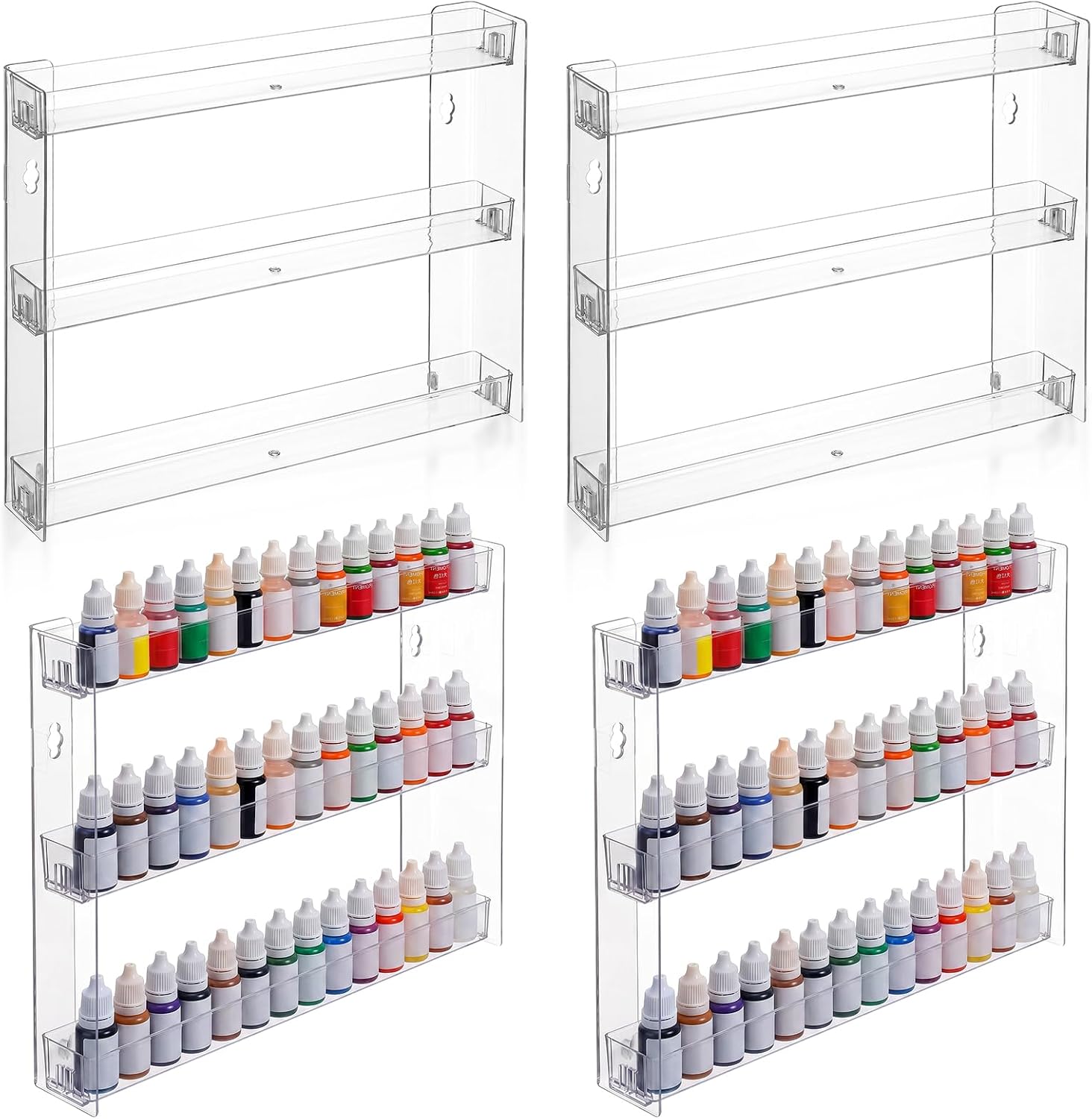 4 Pcs 3 Tier Display Rack, Clear Paint Rack Wall-Mount-No Drill, Miniature Holderor 2oz Bottle, Acrylic Craft Paint Storage Organizer, Nail Polish Organizer, Badges