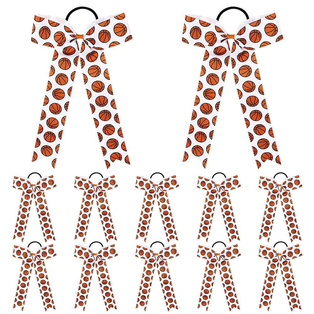 ZUYYON 12 Pcs Basketball Pattern Cheer Hair Bows Handmade Long Hair Ties Campus Cheerleading Bow Hair Accessory for Women Girls