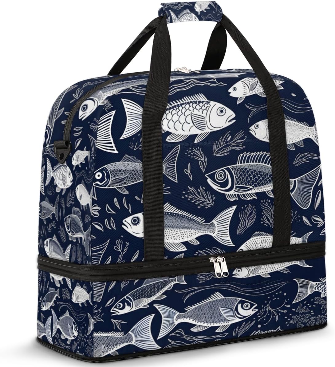 QsirBC Animal Fishes Decor Gym Bag for Women Duffle Tote with Shoes Compartment Men Weekender Duffel for Dance Travel Sports Swimming Overnight