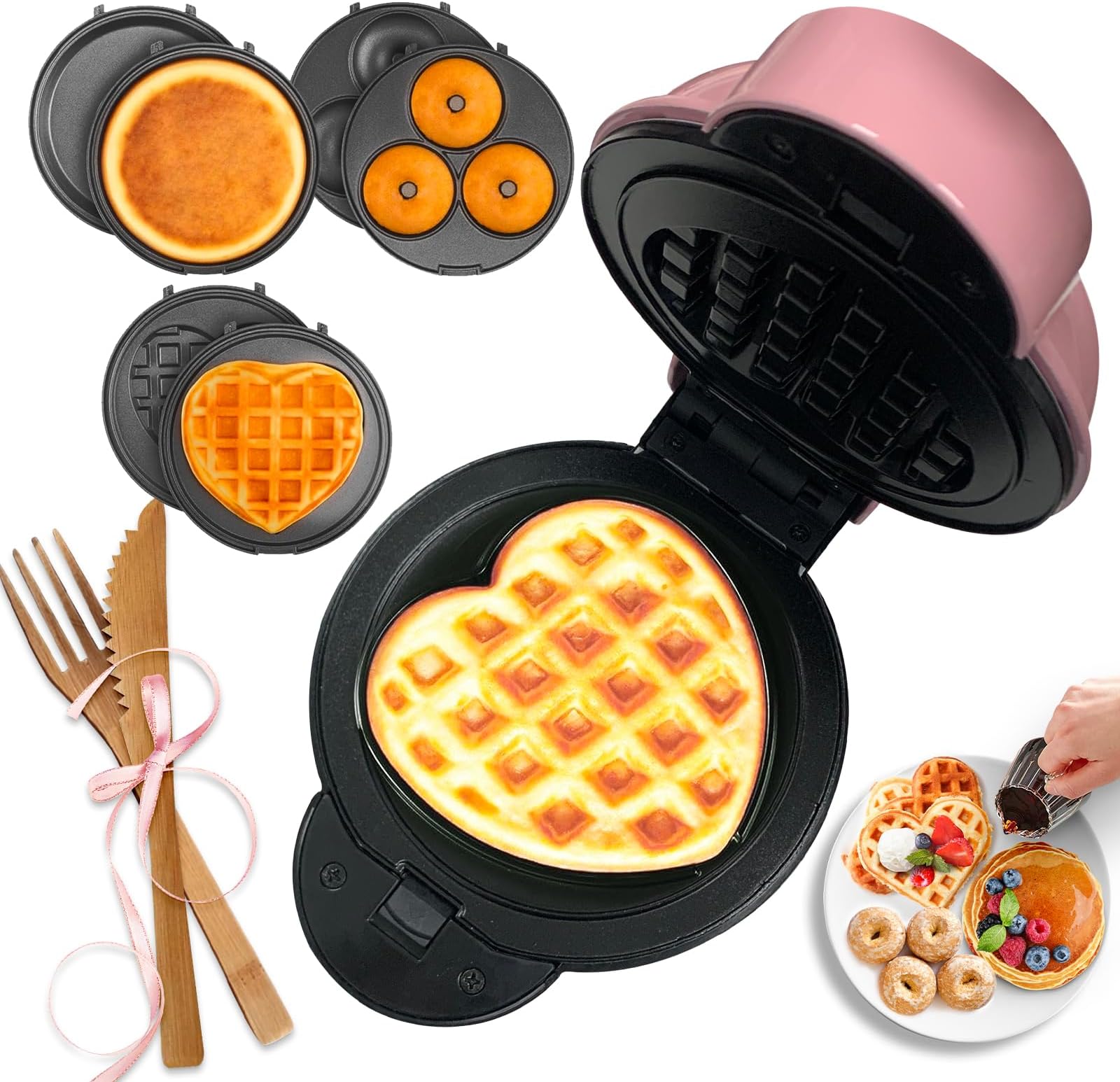 Mini Waffle Maker with 6 Removable Plates,Small Heart Waffle Maker Keto,3-in-1 Multi-plate set,Wafflera Iron for Kids Family&Individuals,4'' Non Stick Cooking Plates with Fast & Even Heating(Pink)