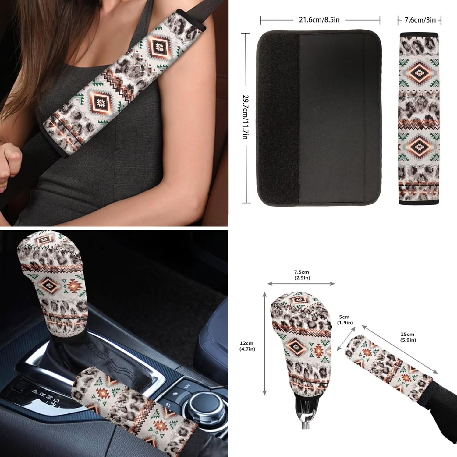 Wanyint 12 PCS Car Seat Cover Set for Women, with Non-Slip Steering Wheel Seatbelt Strap Shoulder Armrest Pad Handbrake Gear Shift Knob Cover Coasters, Aztec Navajo Leopard Print