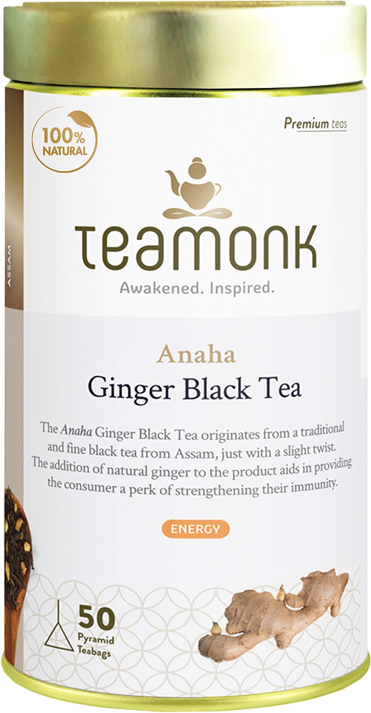 Teamonk Anaha Assam Ginger Black Tea - 50 Biodegradable Pyramid Tea Bags. Boosts Energy. Antioxidant Properties. Boosts Heart Health and Helps reduce Blood pressure