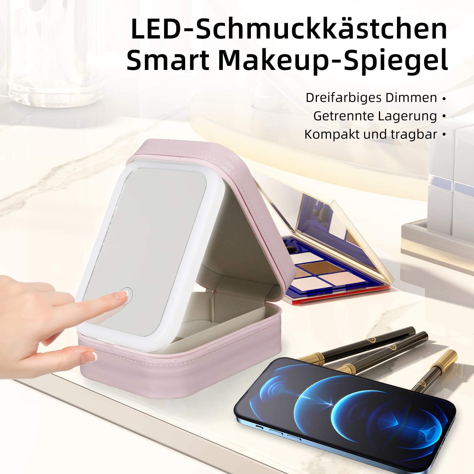 Kosmetyczka z podświetlanym lustrem, torba do makijażu z lustrem - 3 kolory światła LED, podróżna walizka kosmetyczna organizer, przenośna walizka do makijażu z przegródkami, Rosa