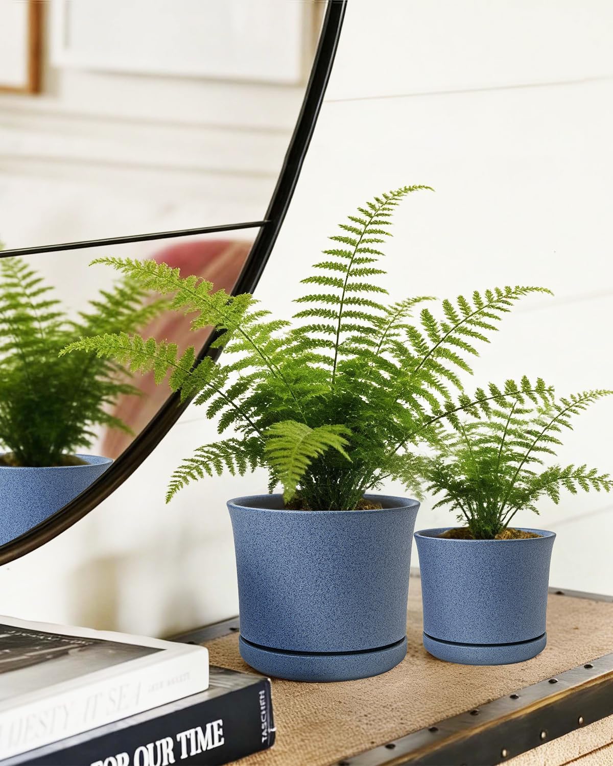 Ceramic Plant Pots Set of 3 with Saucers, 4.3/5.5/7 Inch Planters for Indoor Plants, Drainage Hole Flower Pots for Succulents, Herbs, Aloe, Modern Home Decor, Blue