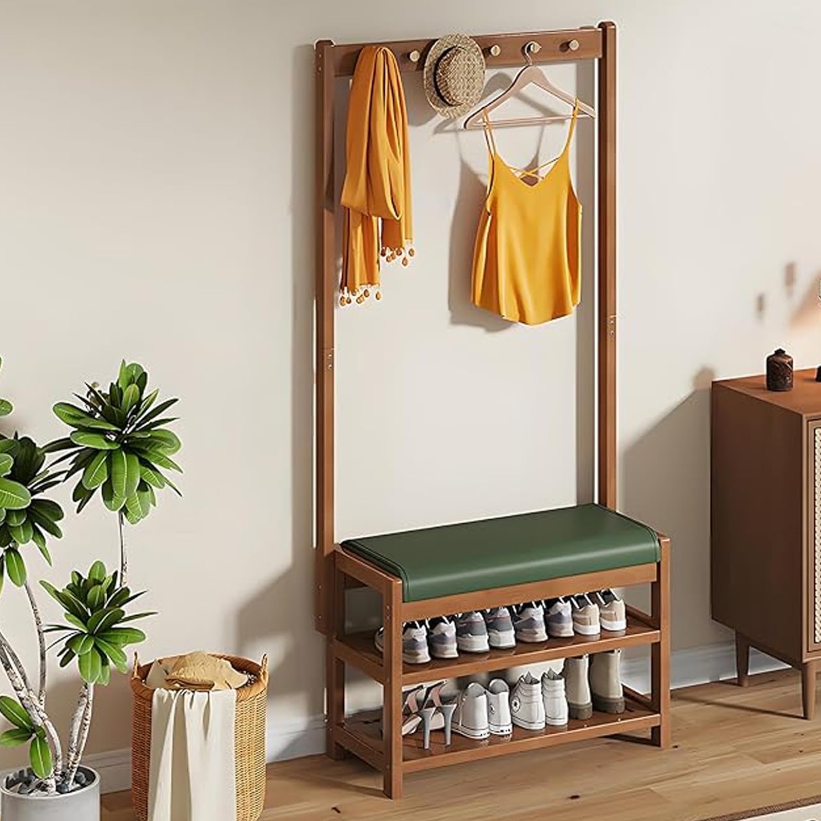 GHFXSCV 3-in-1 Hall Tree with Bench & Shoe Sto, Freestanding Entryway nizer with Soft Cush, Mudroom Fur for Hallway, Green (72x30x172cm)