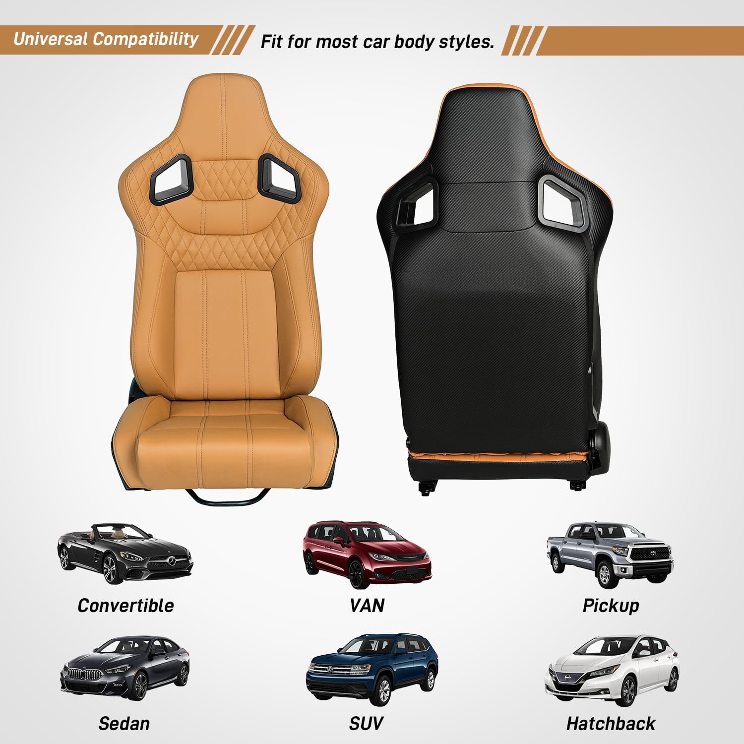 Racing Seats 2 Pcs Reclinable Bucket Seats with 2 Sliders Adjustable PU Leather Seats Universal Sport Seats for Cars (Beige, 36.6"×23.2"×21.2")
