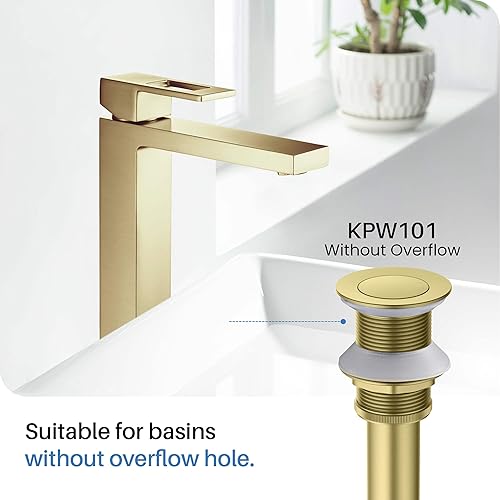 Miniatura 7 de KIBI KBF1009 Grifo circular de latón macizo de una sola manija para fregadero de baño con drenaje desplegable  Caño de grifo de arco alto (oro