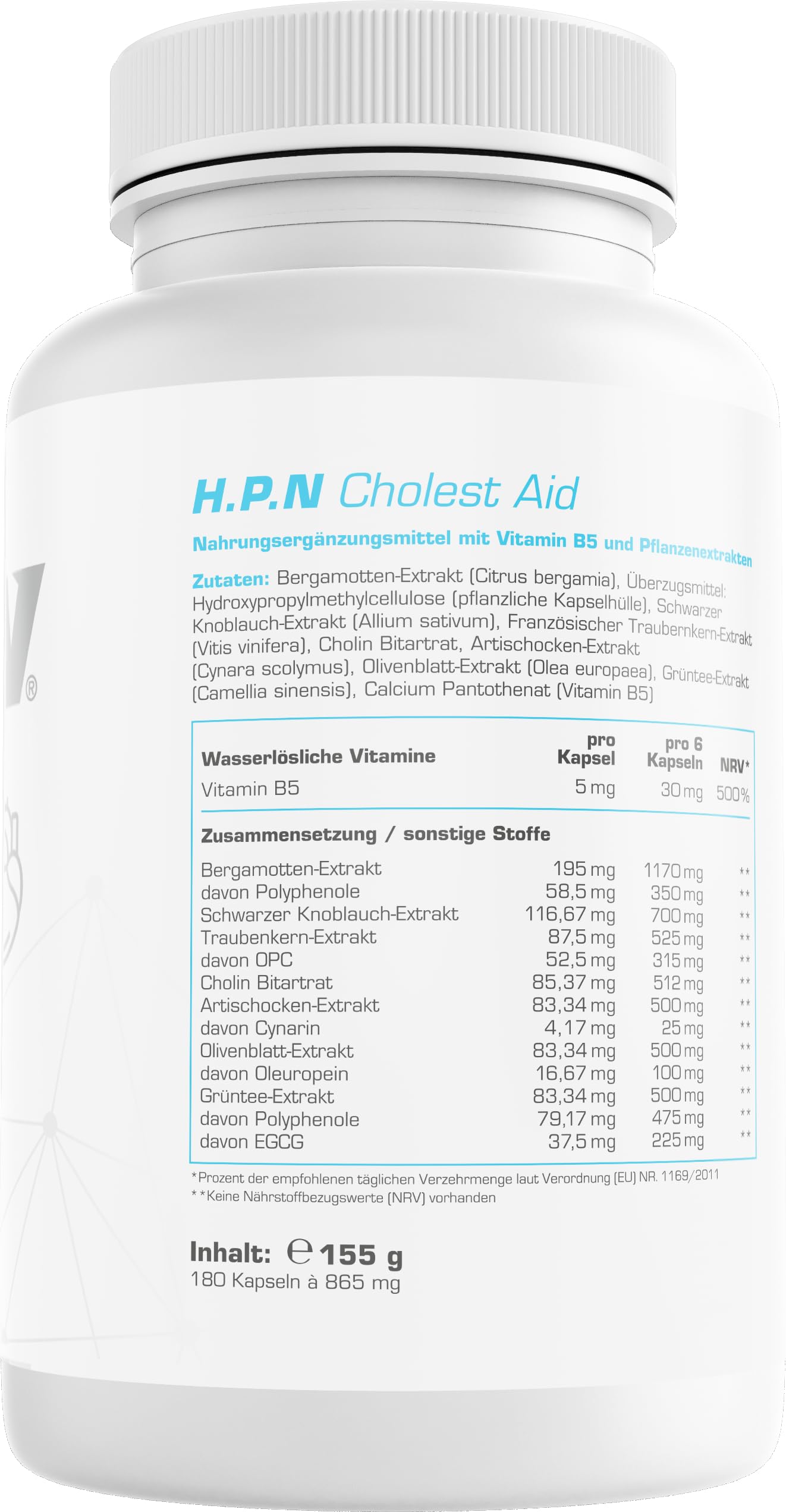 H.P.N - Cholest Aid | Cholesterin Unterstützung | Synergetischer Komplex mit Bergamotte, Olivenblatt, schwarzem Knoblauch & Cholin | Unterstützung der Cholesterinwerte & Leberfunktion - 180 Kapseln