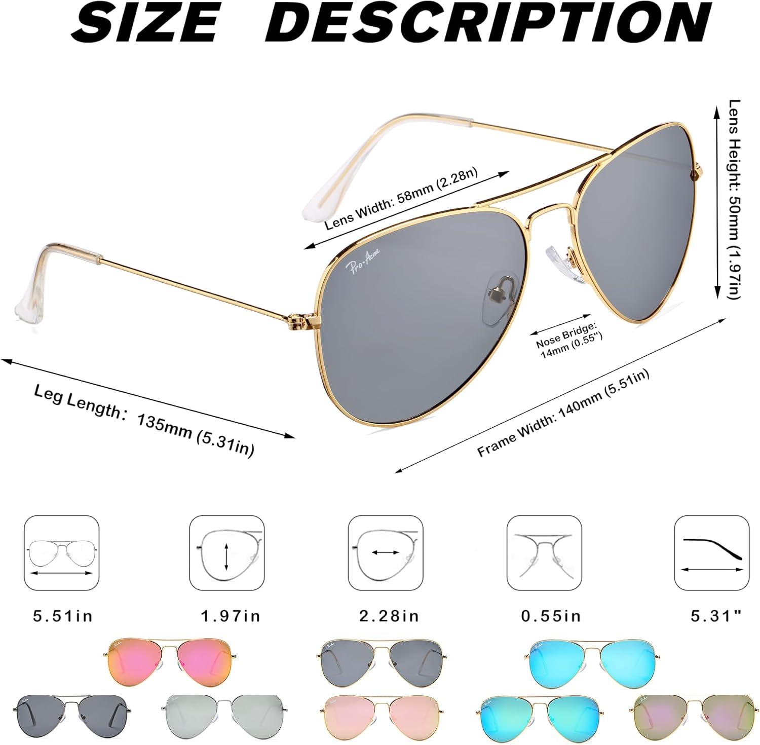 Pro Acme Classic Polarized Aviator Sunglasses for Women Men, Lightweight Metal Pilot Frame UV400 Protection 58MM - Image 3
