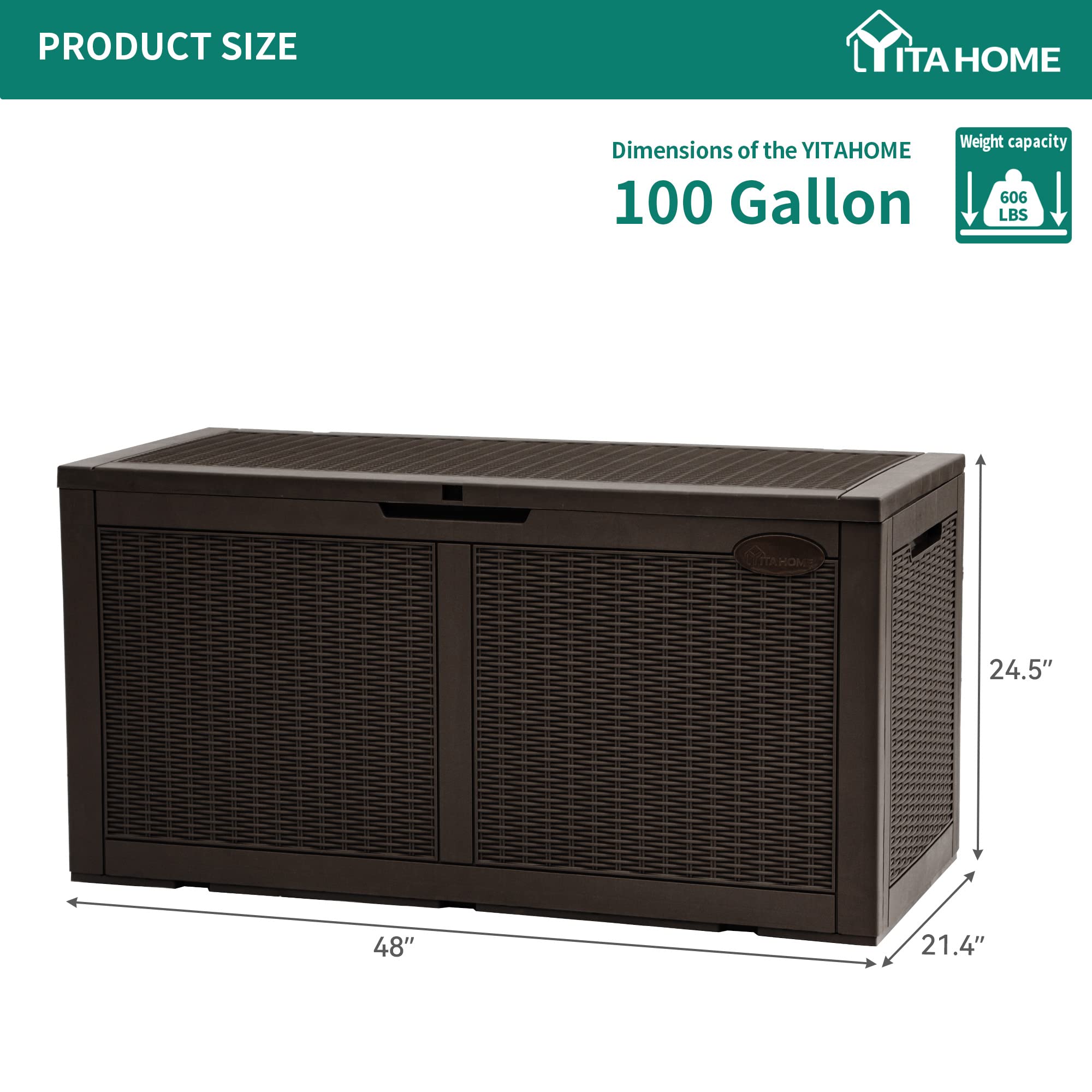 YITAHOME 100 Gallon Large Deck Box w/Storage Net, Resin Outdoor Storage Boxes, Waterproof Patio Cushion Storage Bench for Patio Furniture, Pool Supplies, Garden Tools- Rattan,Lockable (Dark Brown)