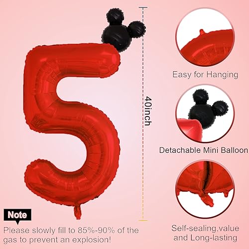 Miniatura 8 de HIBILDER Juego de 2 globos, número 4 rojo y mini cabeza de ratón, decoración de fiesta de cumpleaños, tema de dibujos animados, aluminio, unisex,