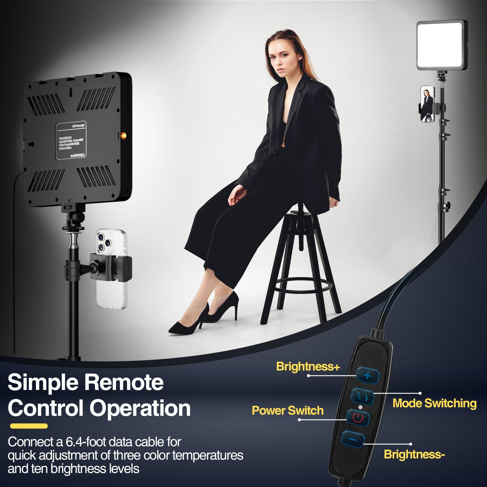 Kit de luz de video LED, iluminación de estudio regulable de 2800-7000 K con soporte de trípode y soporte para teléfono, altura ajustable de 73 pulgadas para grabación de video, transmisión