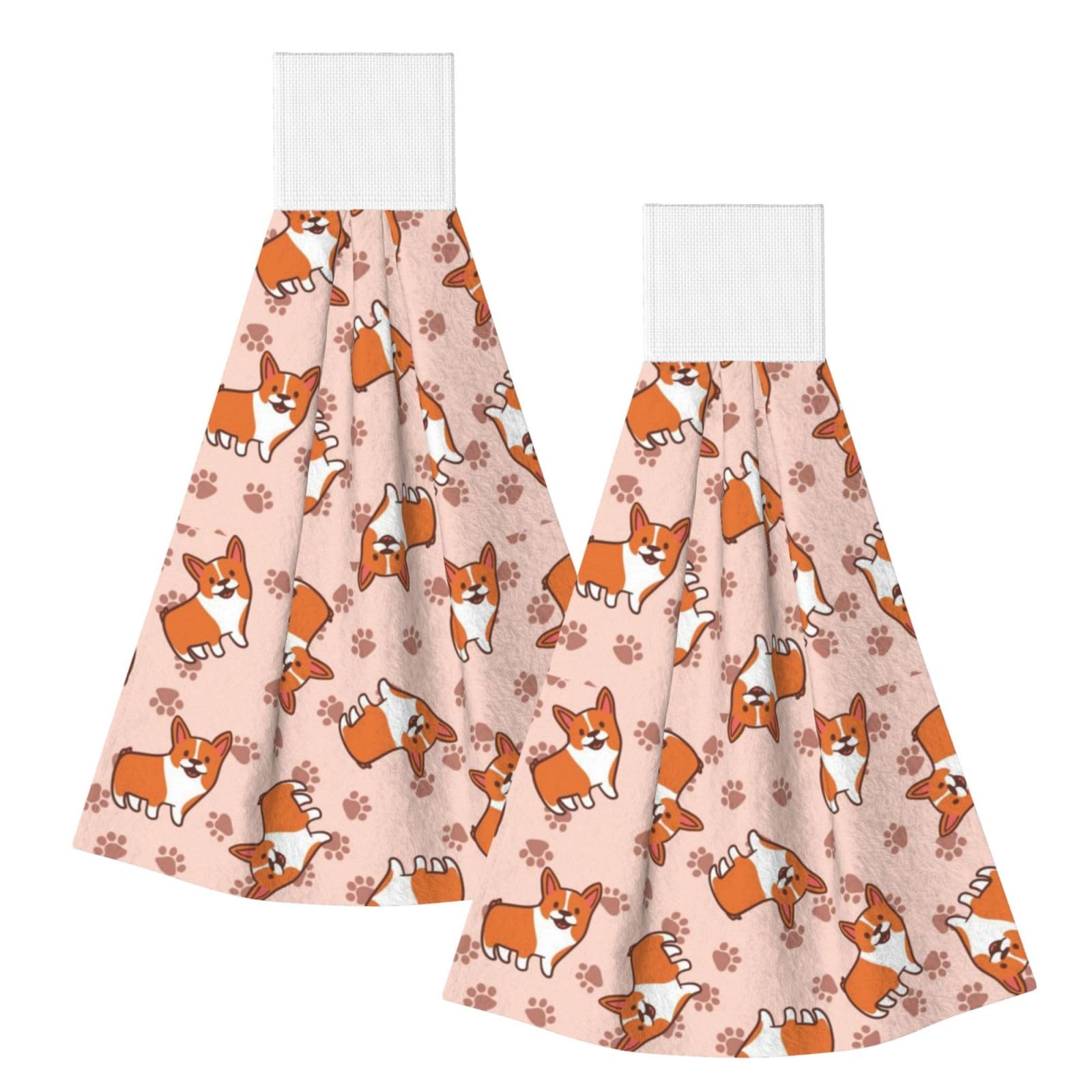DOPKLNA Cartoon Corgis, 2 Pcs Hanging Coral Fiber Hand Towels for Bathroom, Absorbent Kitchen Towels