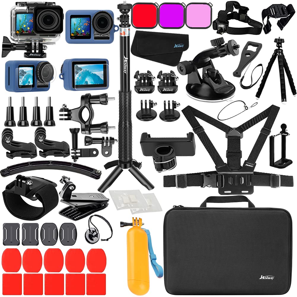 Husiway Accessories Kit for DJI Osmo Action Camera Waterproof Housing Silicone Case Glass Screen Protector Bundle 25A (Kit for Osmo Action)