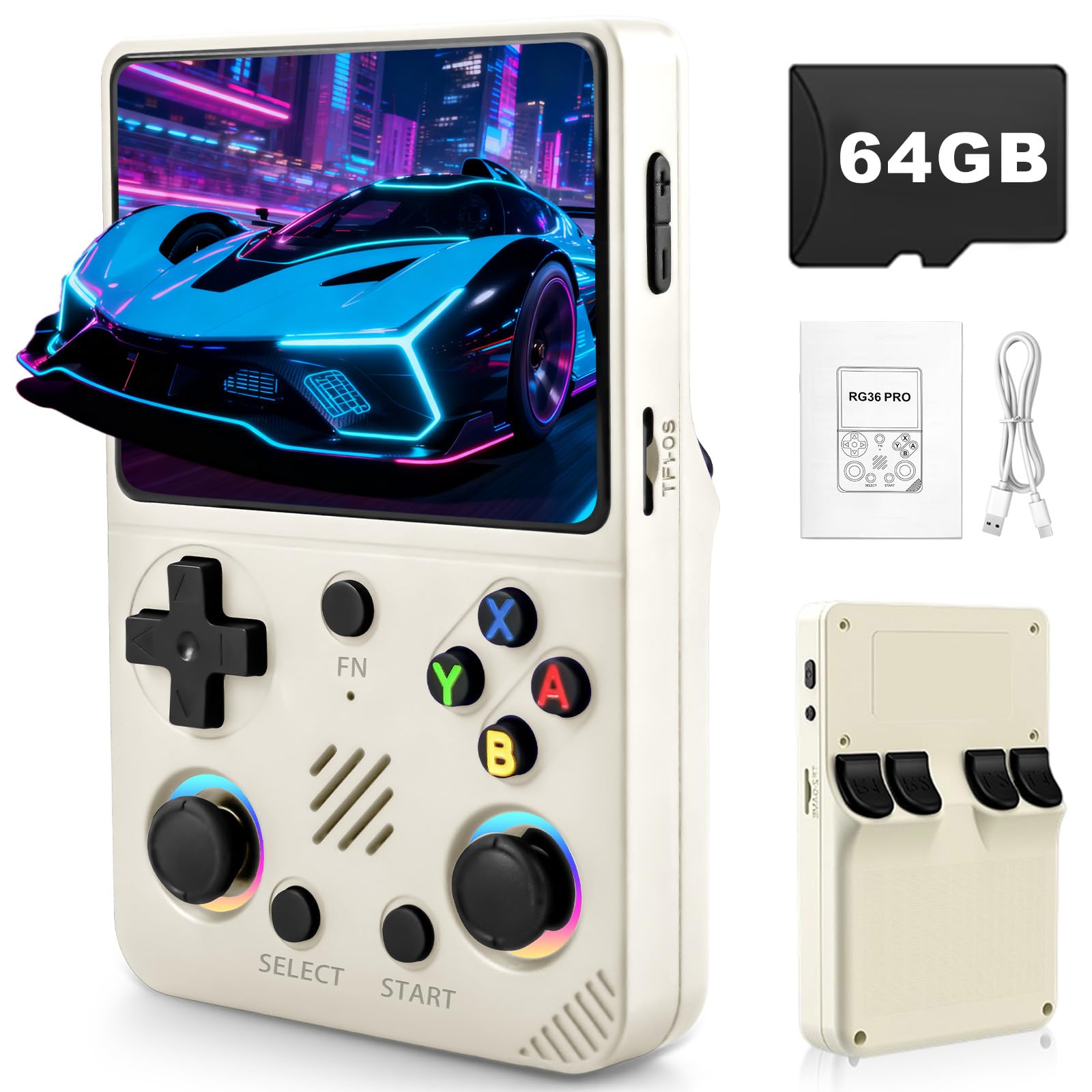 Forlarme RG36PRO Retro Video Game Console-Support 30000+ Classic Games,3.5"IPS Screen,Open Source System,64G TF card,3000mAh Battery,Portable Console for Teen or Partner - Gift for Christmas - White