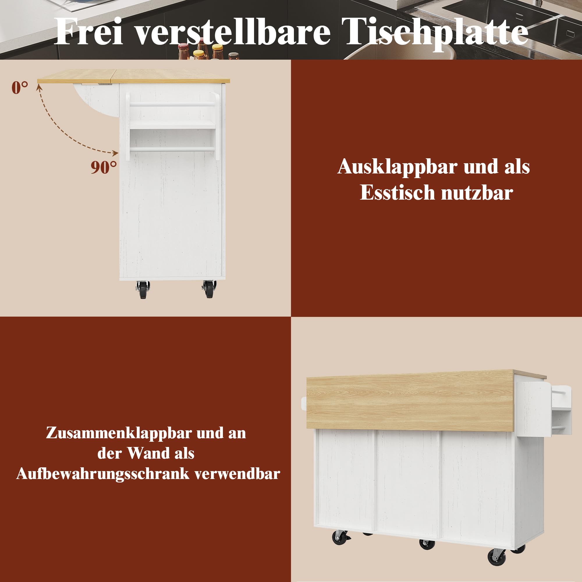 Kücheninsel, Küchenschrank, Buffetschrank, Speisewagen mit Holzmaserung, Multifunktionale Esstisch mit Speicherraum, mit Snackregalen und Stretchfunktionsschränken, Weiß