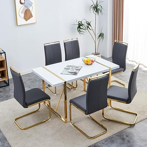 Vista 21 de Juego de mesa de comedor gopop para 6, juego de mesa y sillas de cocina de 6, mesa de 140 cm x 85 cm con acabado de laca blanca brillante y marco