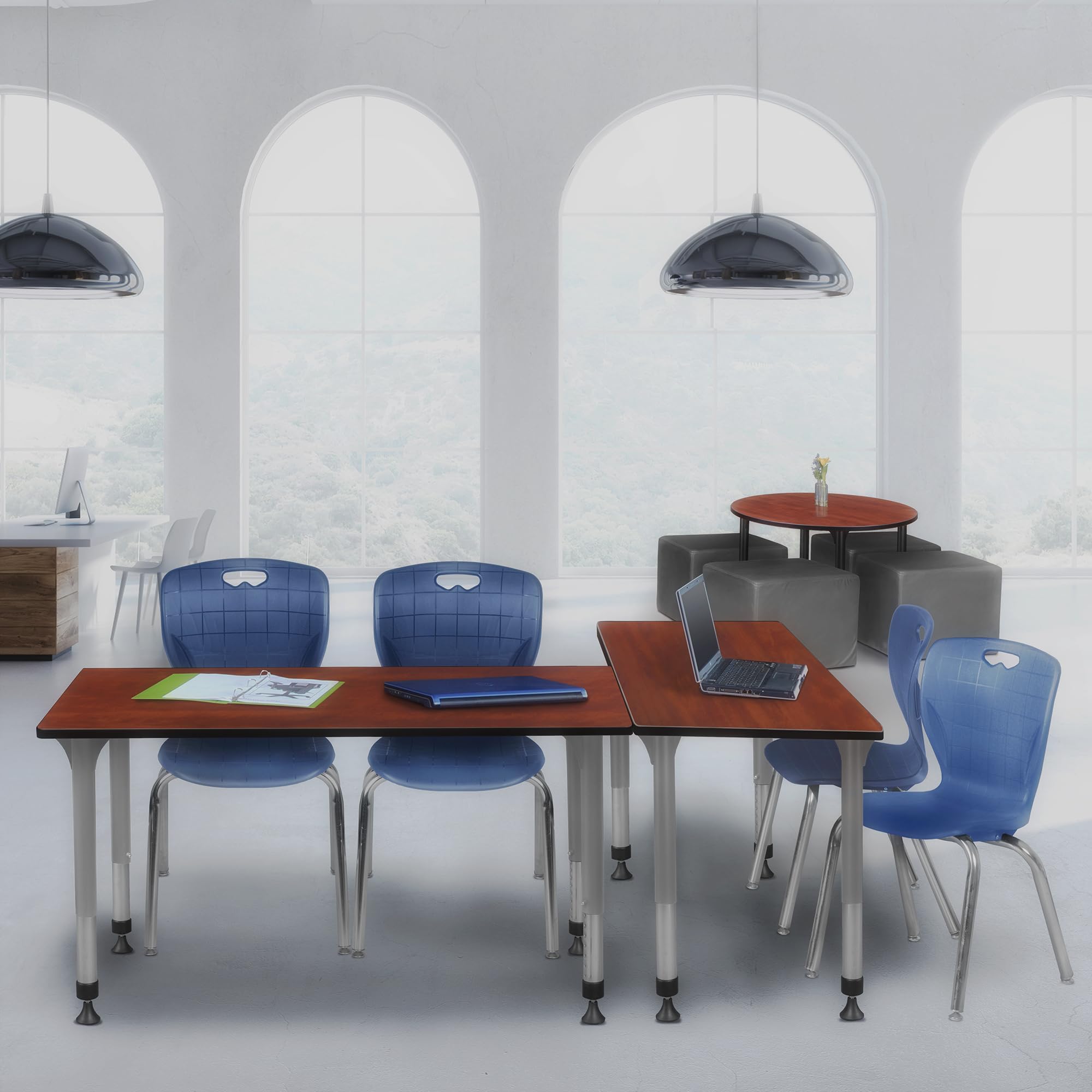 Romig Kee Classroom Activity Table & Chair Kit 4, 60 x 30, Cherry|Chrome|Grey|Navy Blue