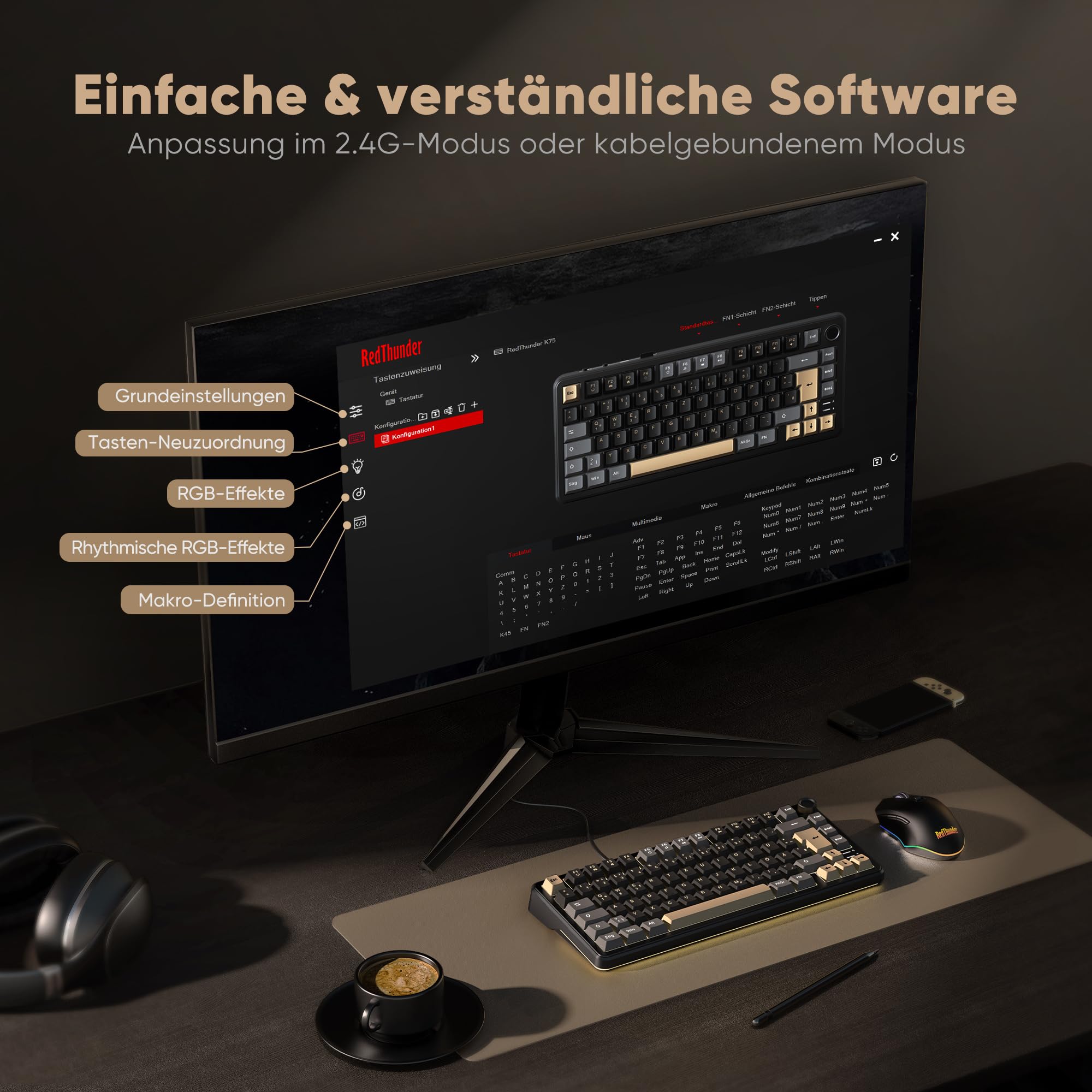 RedThunder K75 Kabellose Mechanische Gaming Tastatur, deutsches QWERTZ Layout, 81 Tasten, 3-Mode BT/2,4GHz/USB-C, RGB, Hot-Swap, 4000 mAh Akku
