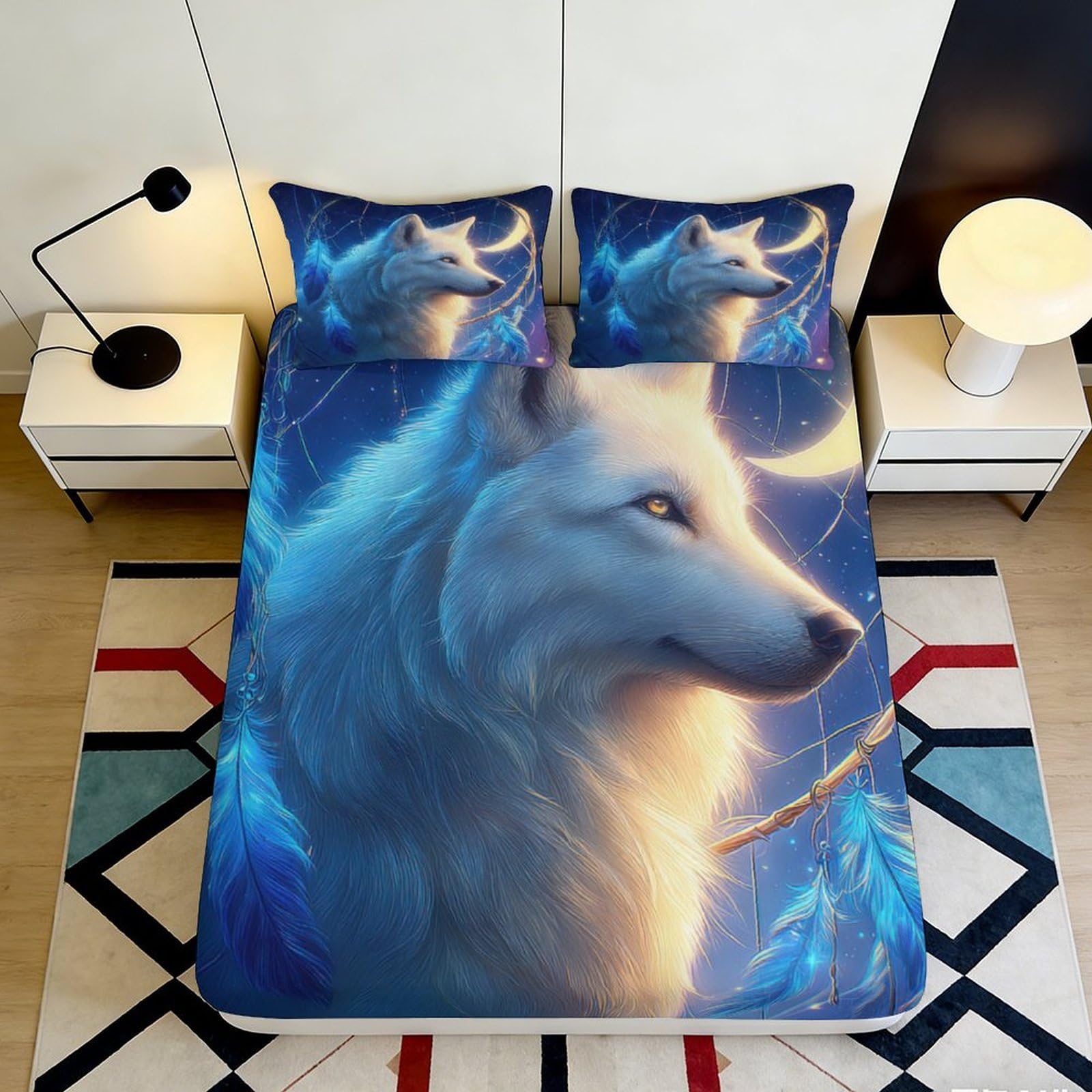 3D Printed Wolf Moon Fitted Sheet Microfiber Soft Breathable Dreamcatcher Bed Cover for Bedroom Dormitory Guest Room Mattress Protection 180x200x25cm