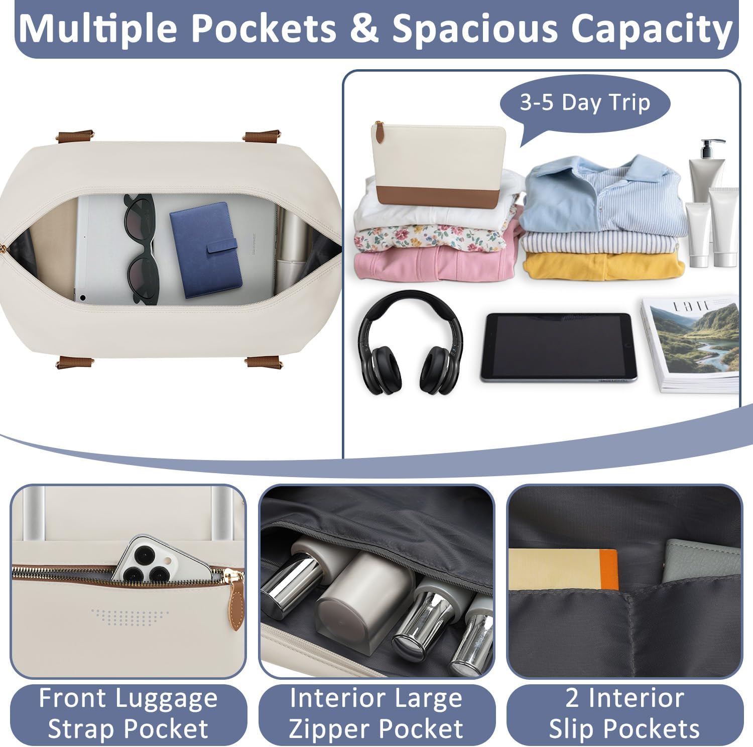 Travel Duffle Bag for Women, Weekender Bags, Hospital Bag for Labor Delivery, Lightweight Tote Duffel Overnight Bag with Luggage Sleeve, Airplane Travel Bags with Toiletry Bag, Large, Beige - Image 4