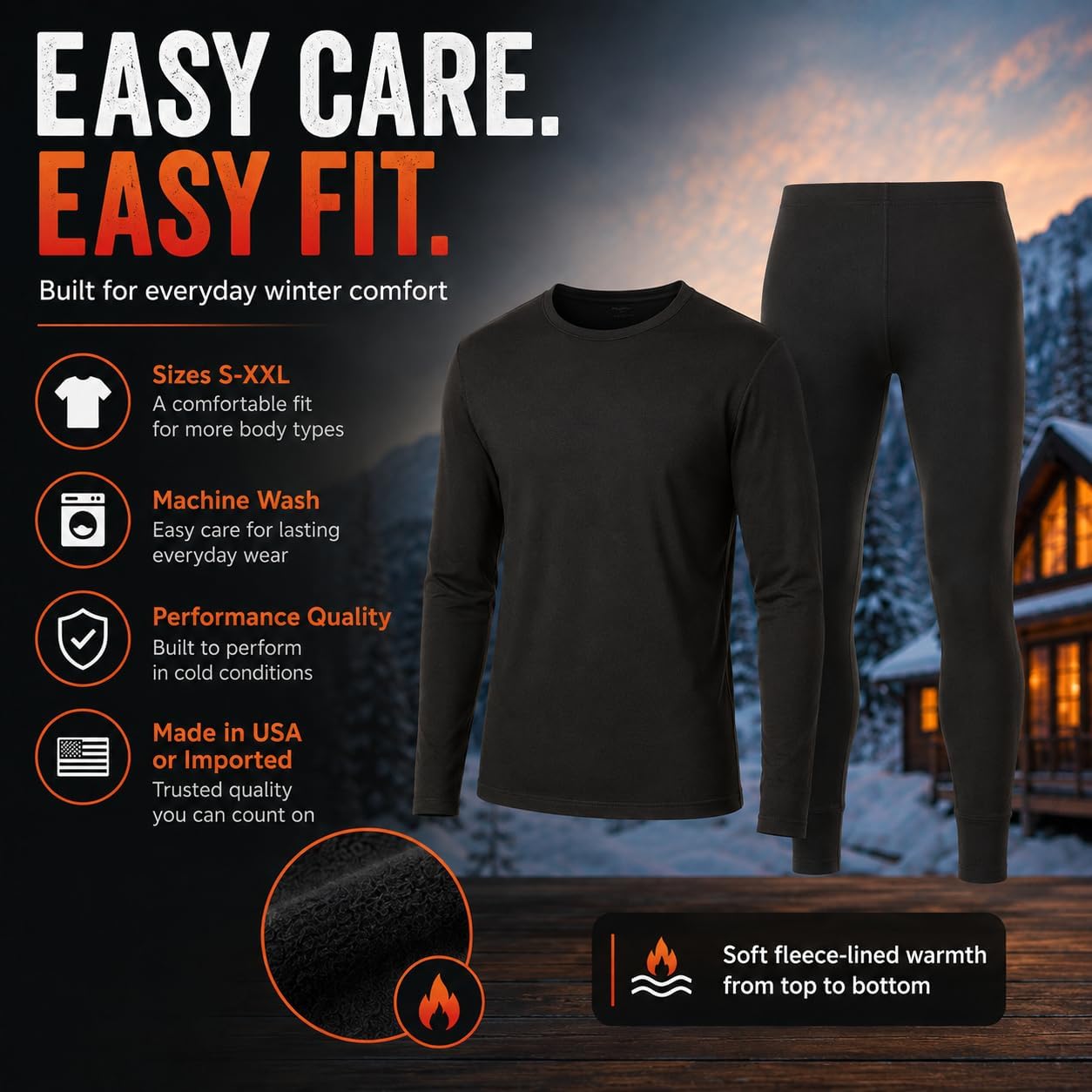 Mens Thermal Underwear Base Layer Top Long Johns Bottom Set, 2 Piece Fleece Lined Winter Cold Inner Wear