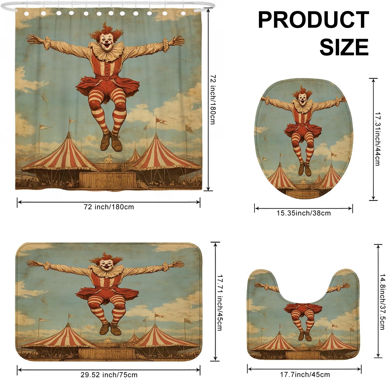 Vintage Circus Clown Shower Curtain, Retro Red and White Striped Clown Bathroom Decor, Autumn Style Waterproof Fabric Shower Curtain Set with Rugs and Hooks 72x72 Inch
