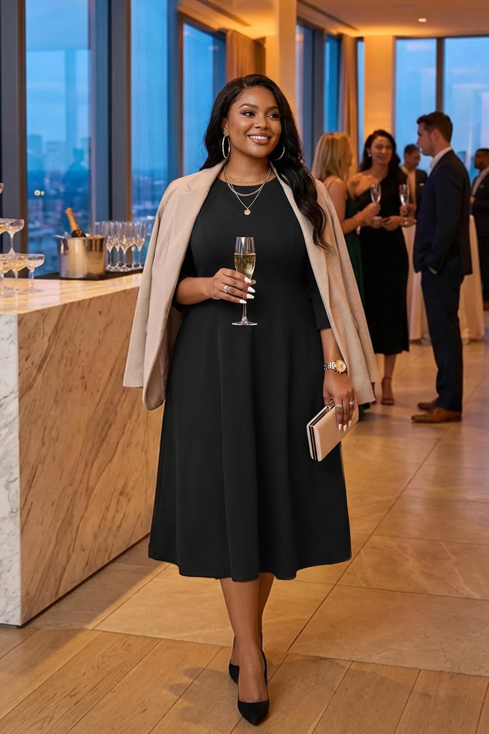 Runwind Women's Plus Size Midi Dress Classy High Waist Wedding Guest Dress Casual Crew Neck 3/4 Sleeve A-Line Swing Dresses - Image 3