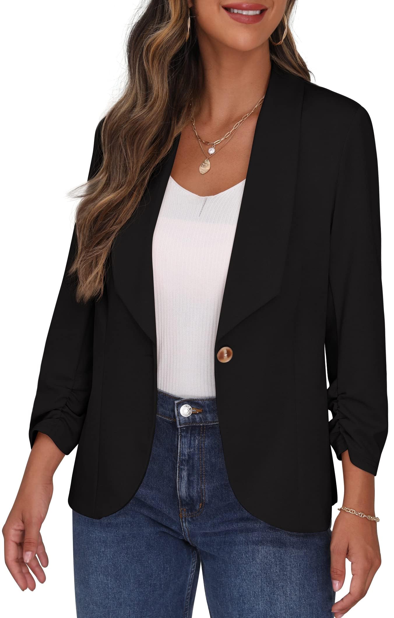PrinStory Blazer damski 3/4, marszczone rękawy, marynarka biznesowa, do biura, marynarka sportowa, trencz