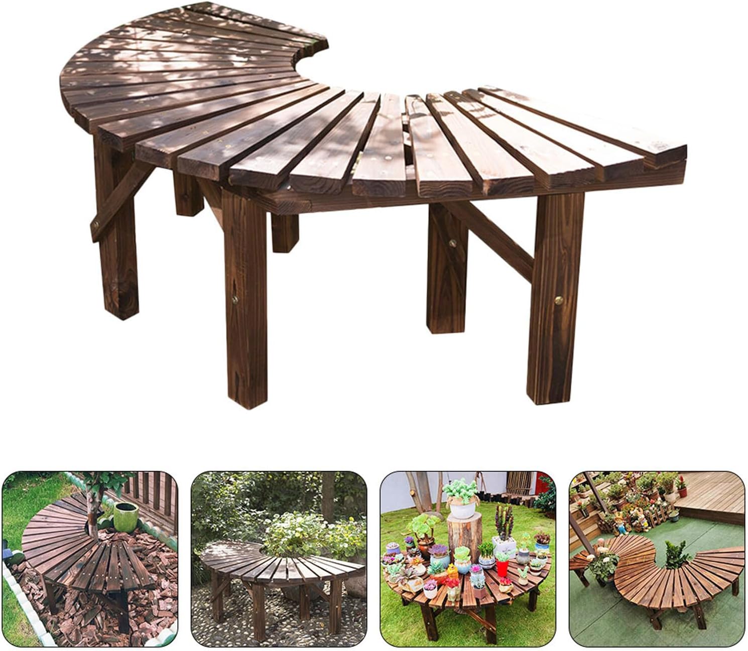 Multifunctional Solid Wood Courtyard Bench Half-Round Design, Outdoor Park Wooden Bench for Garden and Balcony, Plant Pot Holder and Storage Shelf, Single Piece