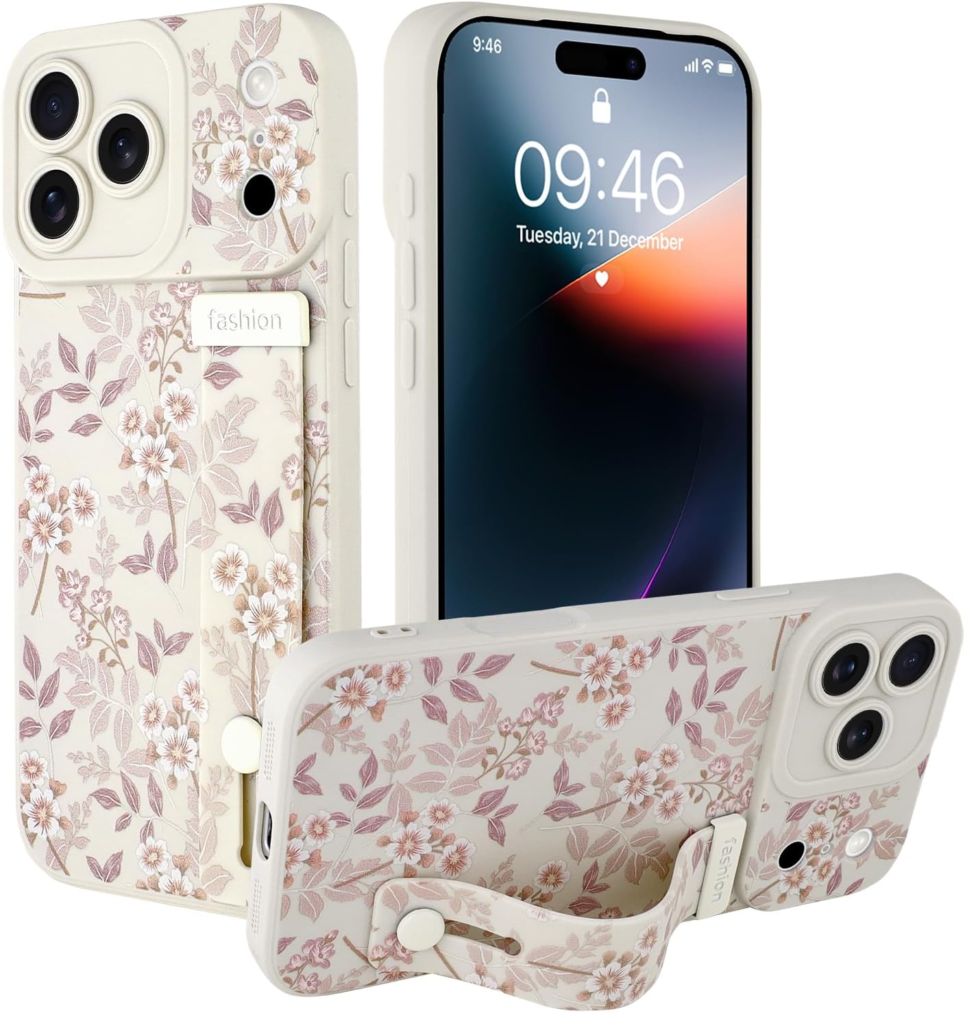 Ufbara Compatible with iPhone 17 Pro Case for Women Men, Cute Flower Floral Pattern, Built in Adjustable Metal Wrist Strap Grip Hand Holder Kickstand Soft Silicone Cover 6.3 Inch, White