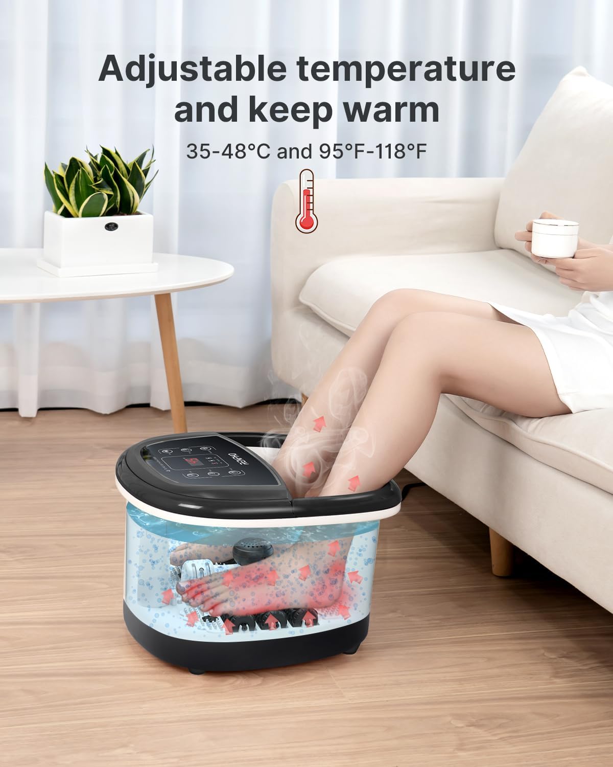 RENPHO Masażer do stóp z szybkim nagrzewaniem, automatyczny masaż, mocne dysze bąbelkowe, zmotoryzowane rolki do masażu Shiatsu, pedicure dla zmęczonych stóp, regulowany timer i temperatura, czarny