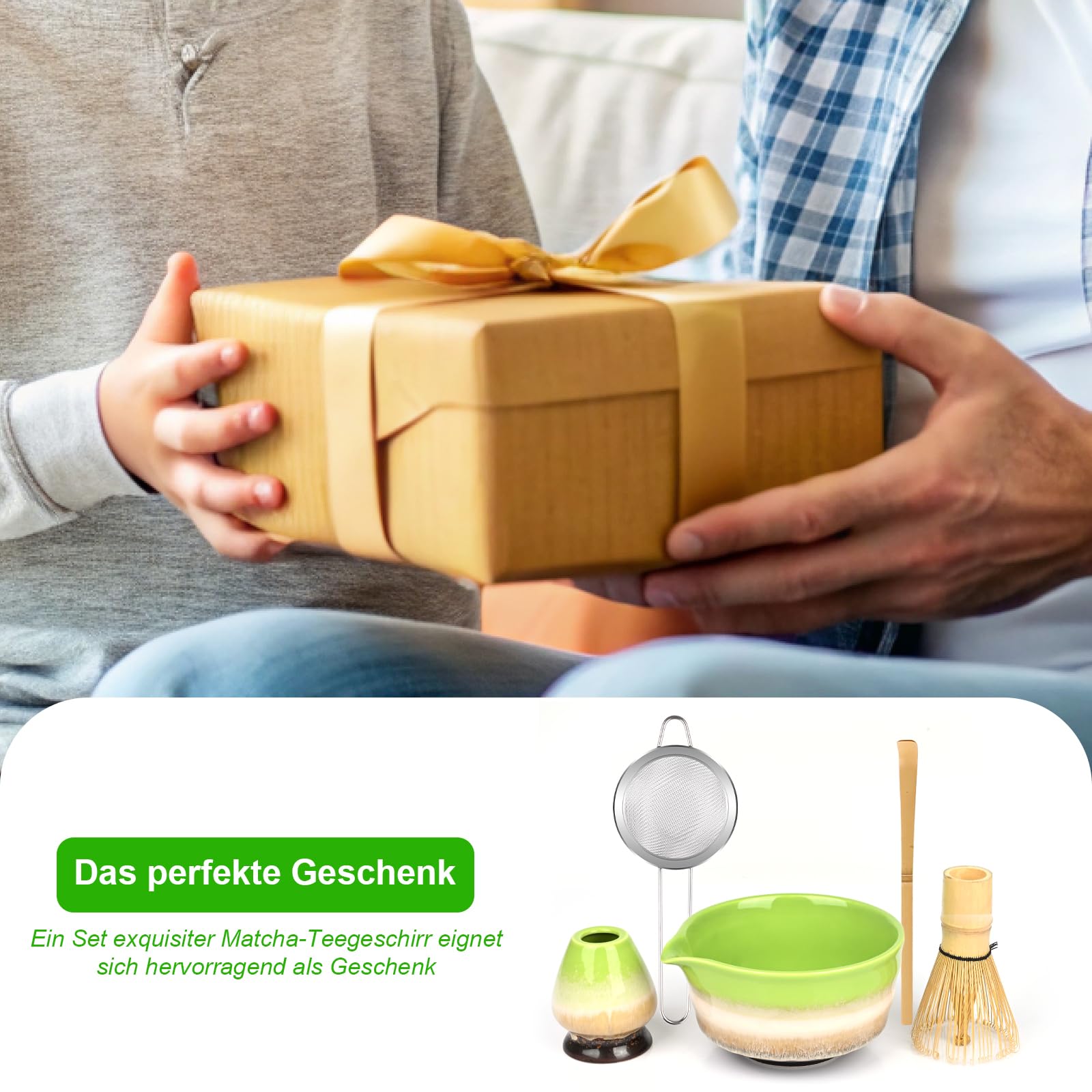 5 Stück Matcha Set Matcha Besen set Macha tea set Matcha Set Grün mit Besen, Sieb,Schale und Löffel für Zuhause & Büro Grün