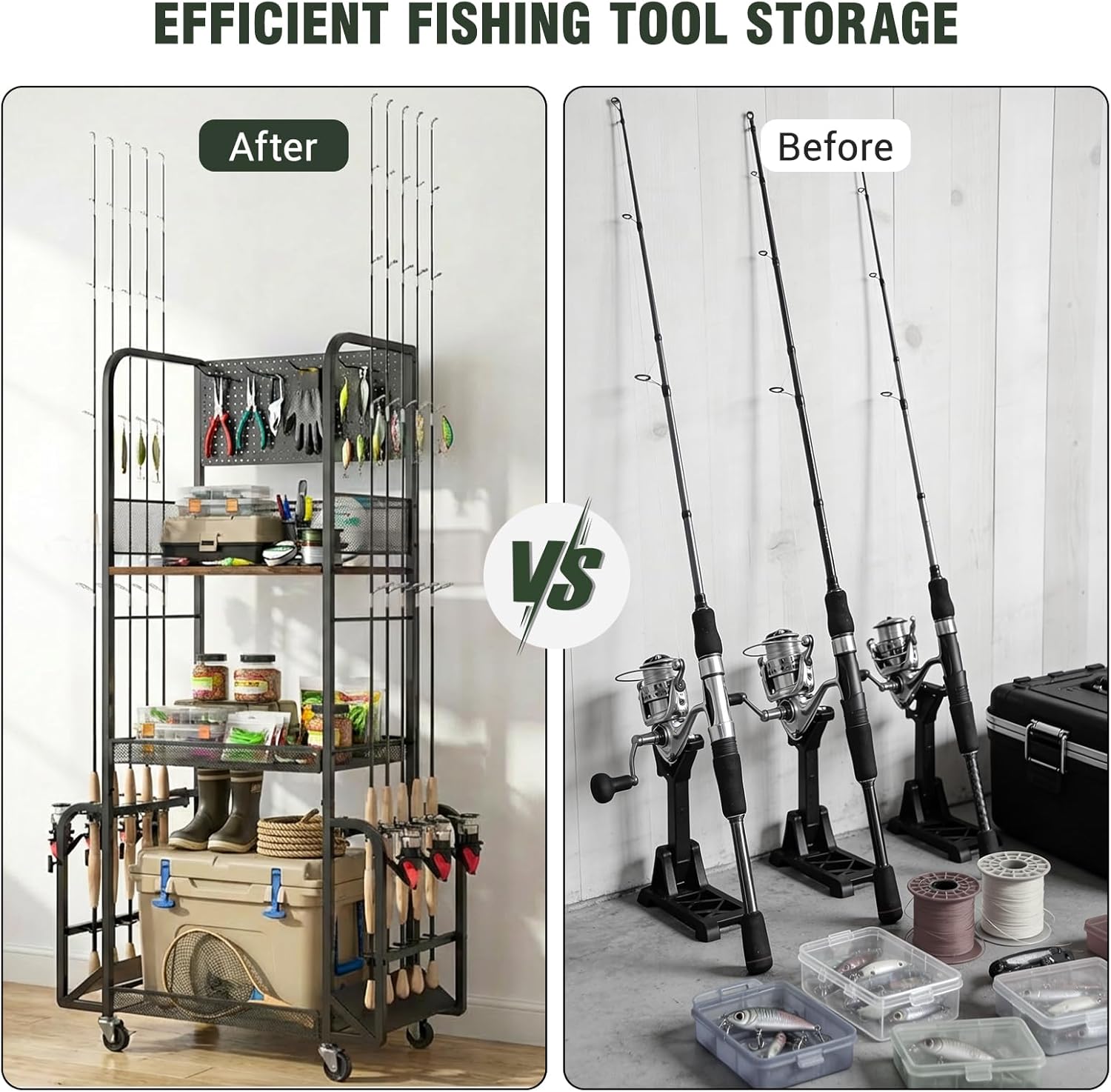 Fishing Rod Holders for Garage with Pegboard and Hooks, Fishing Pole Holders Up to 10 Rods, 3-Tier Anti-Drop Fishing Rod Storage Rack Cart with Lockable Wheels, Heavy-Duty Tackle Gear Organizer