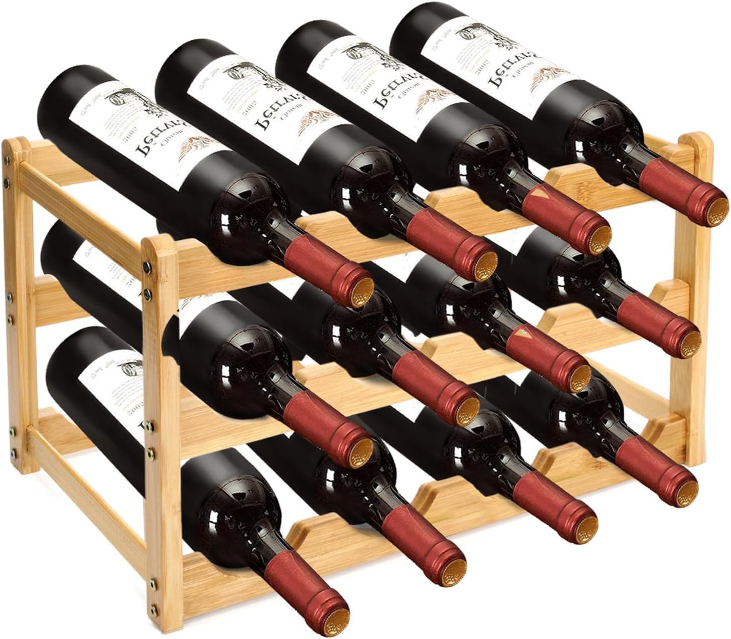 Wine Rack, Natural Bamboo Storage Rack Freestanding Countertop Stackable Display Shelf Wine Bottle Holder (3-Tiers 12-Bottles).-image-6