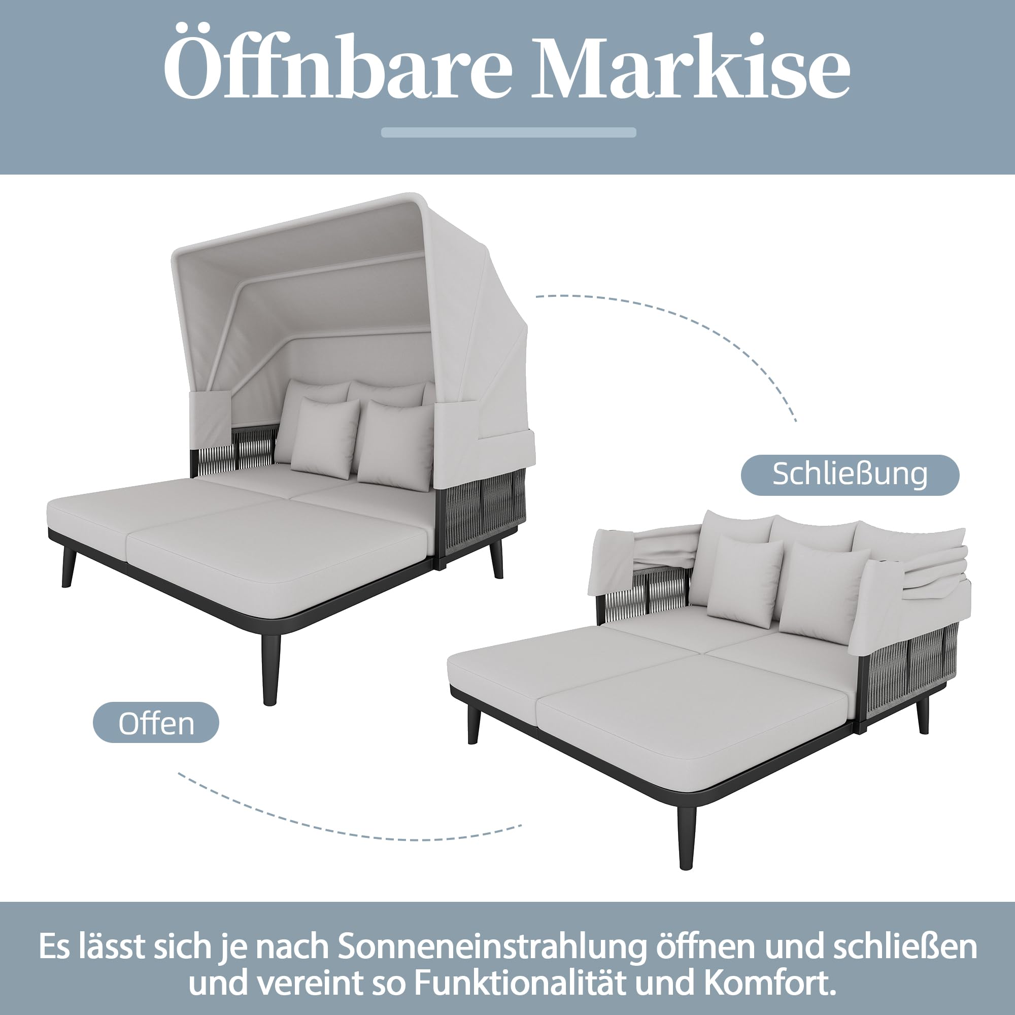Gartenmöbel für 2 Personen, Gartensofa, Loungesofa, Einziehbare Markise, Gestell aus verzinktem Stahl, 10 cm Dicke Kissen, Handgewebtes Seil, Grau