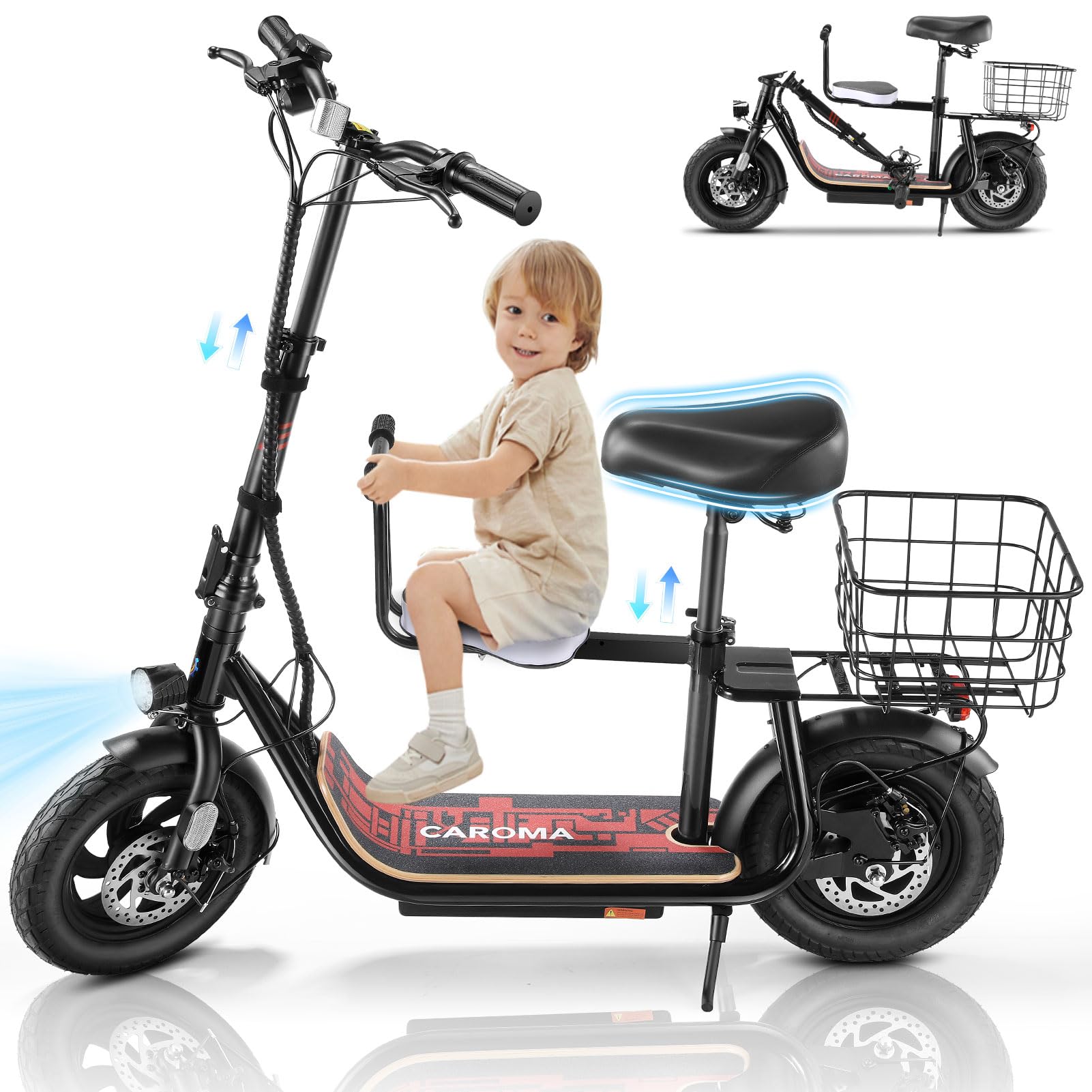 Caroma 560W Peak Electric Scooter Adults, 12 Miles Max Range Electric Scooter with Seat for Teens, 20mph Top Speed Foldable Commuter Ebike, Portable E-Scooters with Basket