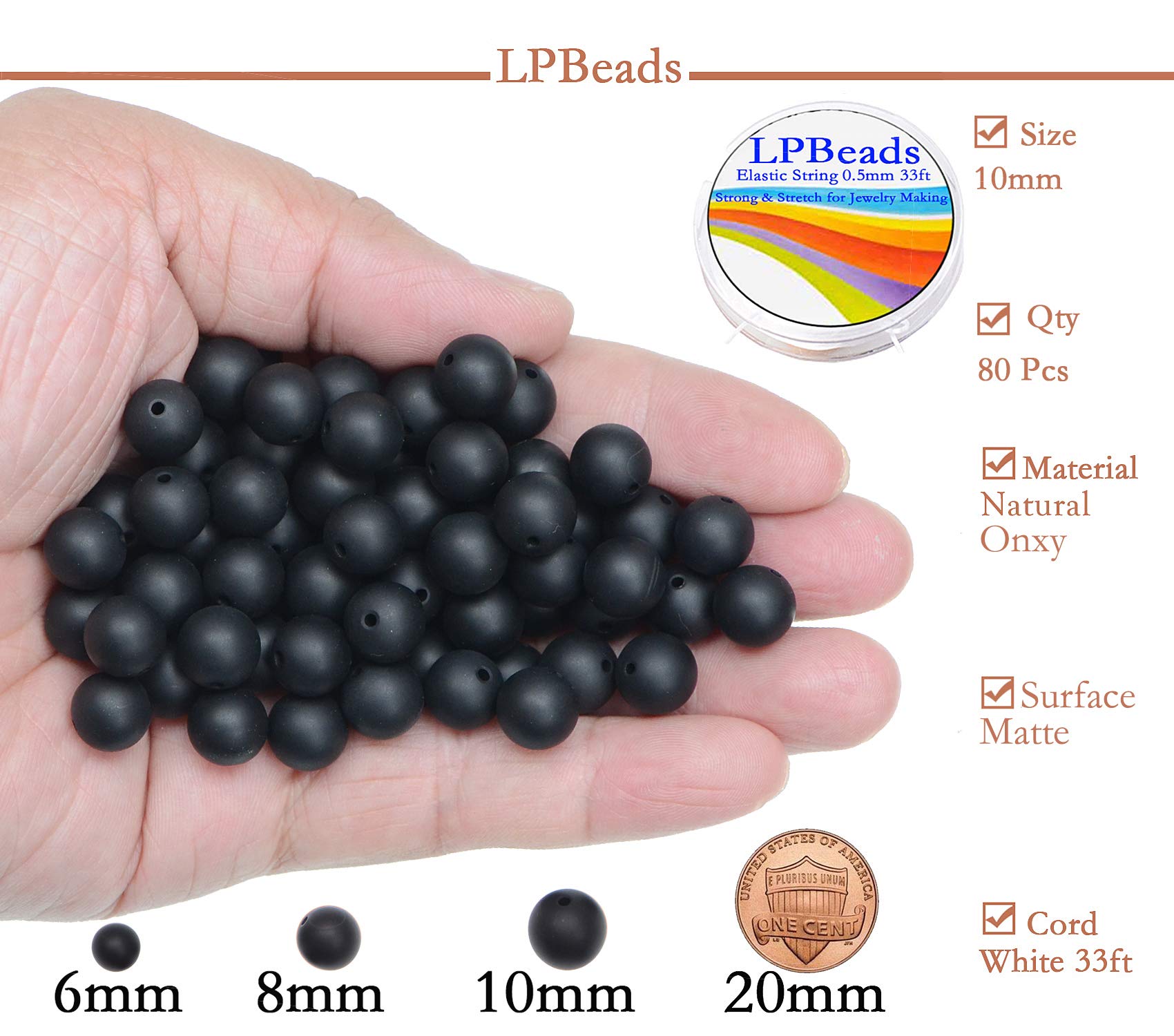 Piedras preciosas redondas de ónix negro mate natural de 10 mm, 80 cuentas sueltas a granel para hacer joyas, pulseras con cordón elástico LPBeads