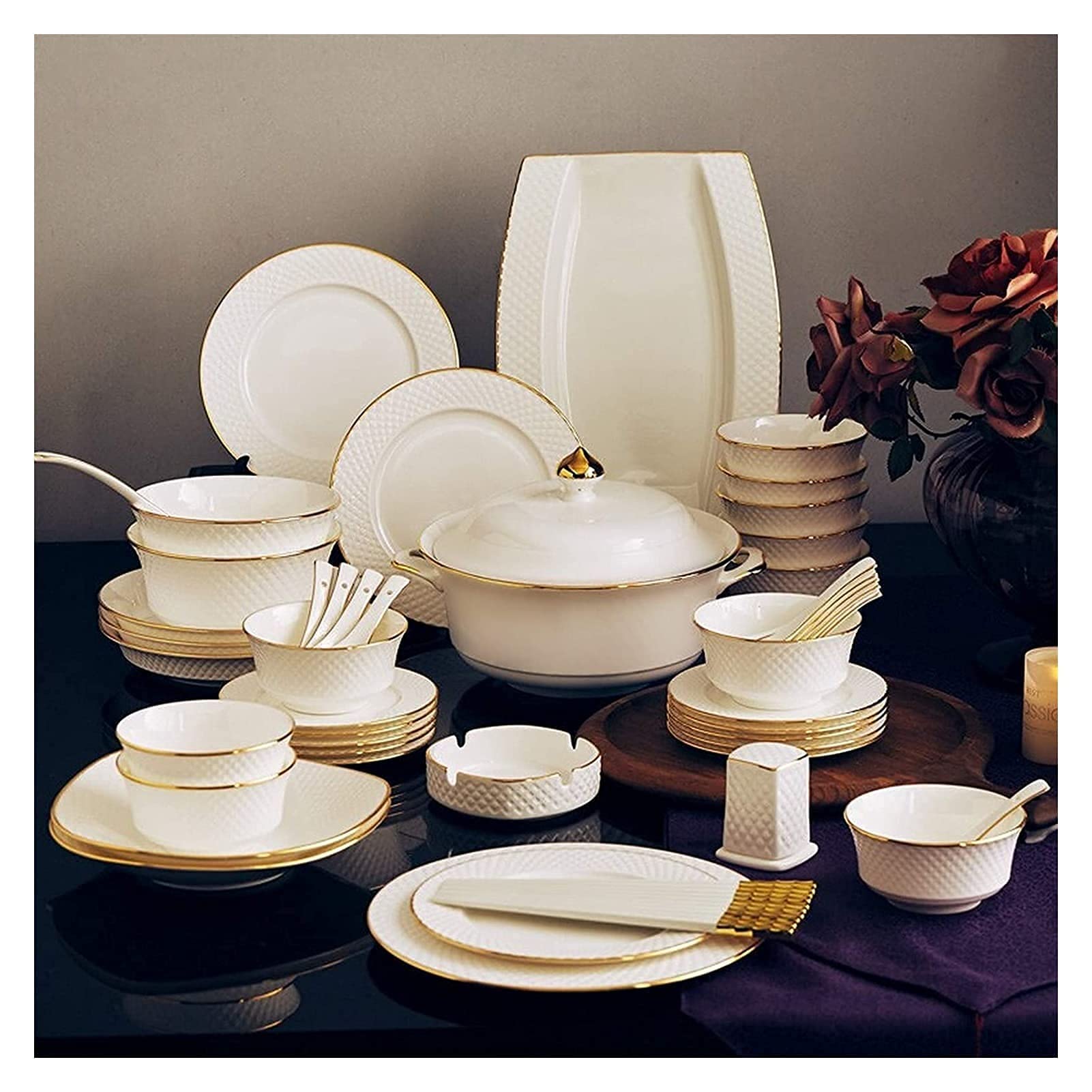 58-elementowy zestaw sztućców z wytłaczanej porcelany kostnej | Porcelanowy talerz do steków i miska na płatki, idealne na przyjęcia świąteczne i jako prezent ślubny,
