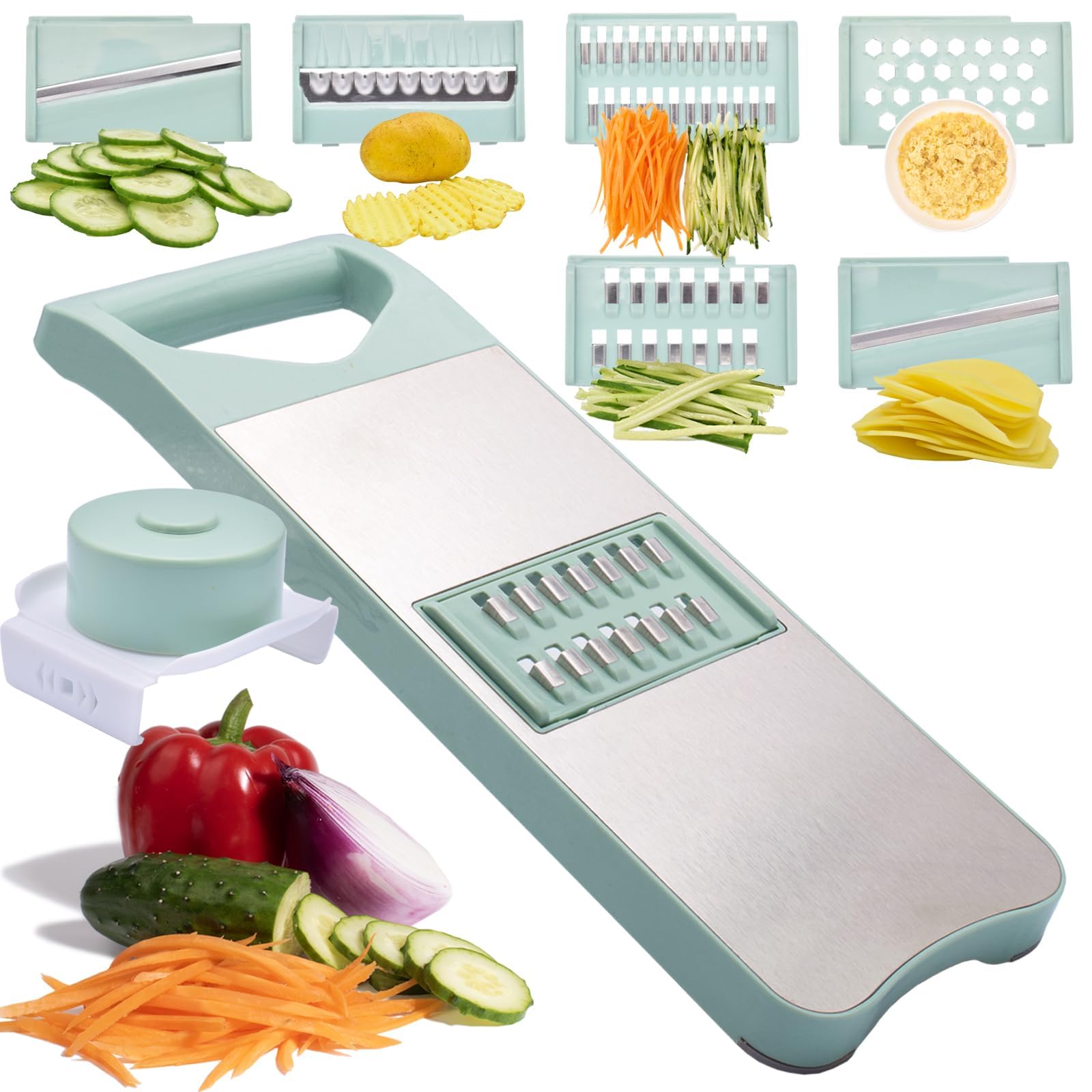 6-Blade Mandoline Slicer with Slide-On Hand Guard - Vegetable Slicer, Potato/Onion/Garlic Slicer, Kitchen Grater(Multi-Color) (Seafoam green, 6-in-1)