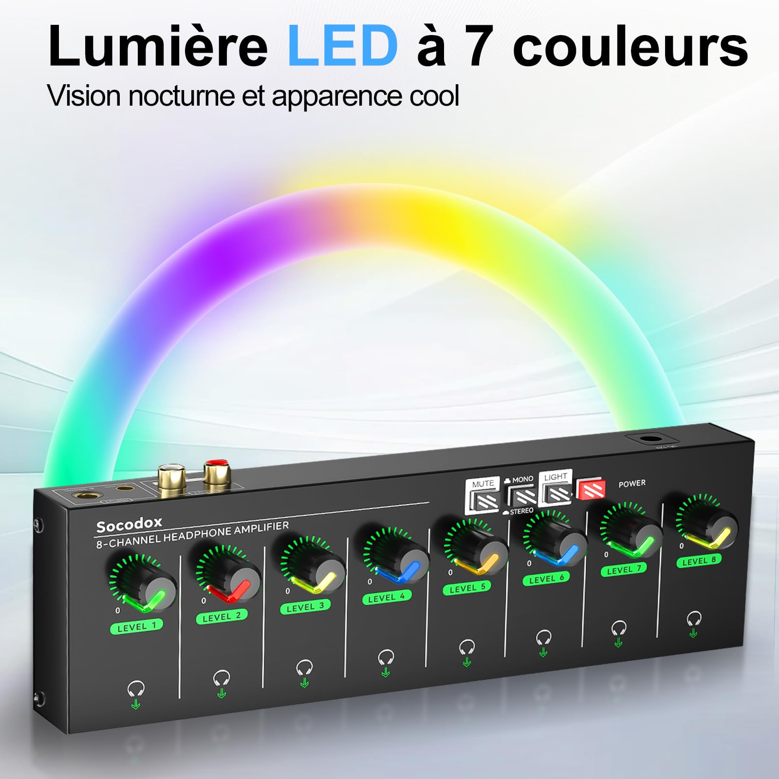 Amplificateur de Casque à 4 canaux avec Prises RCA 3,5 mm/6,35 mm, mélangeur Compact en métal avec 8 Ports de Sortie pour Casque, Interrupteur stéréo, Fonction muet, lumière RVB (8 canaux)