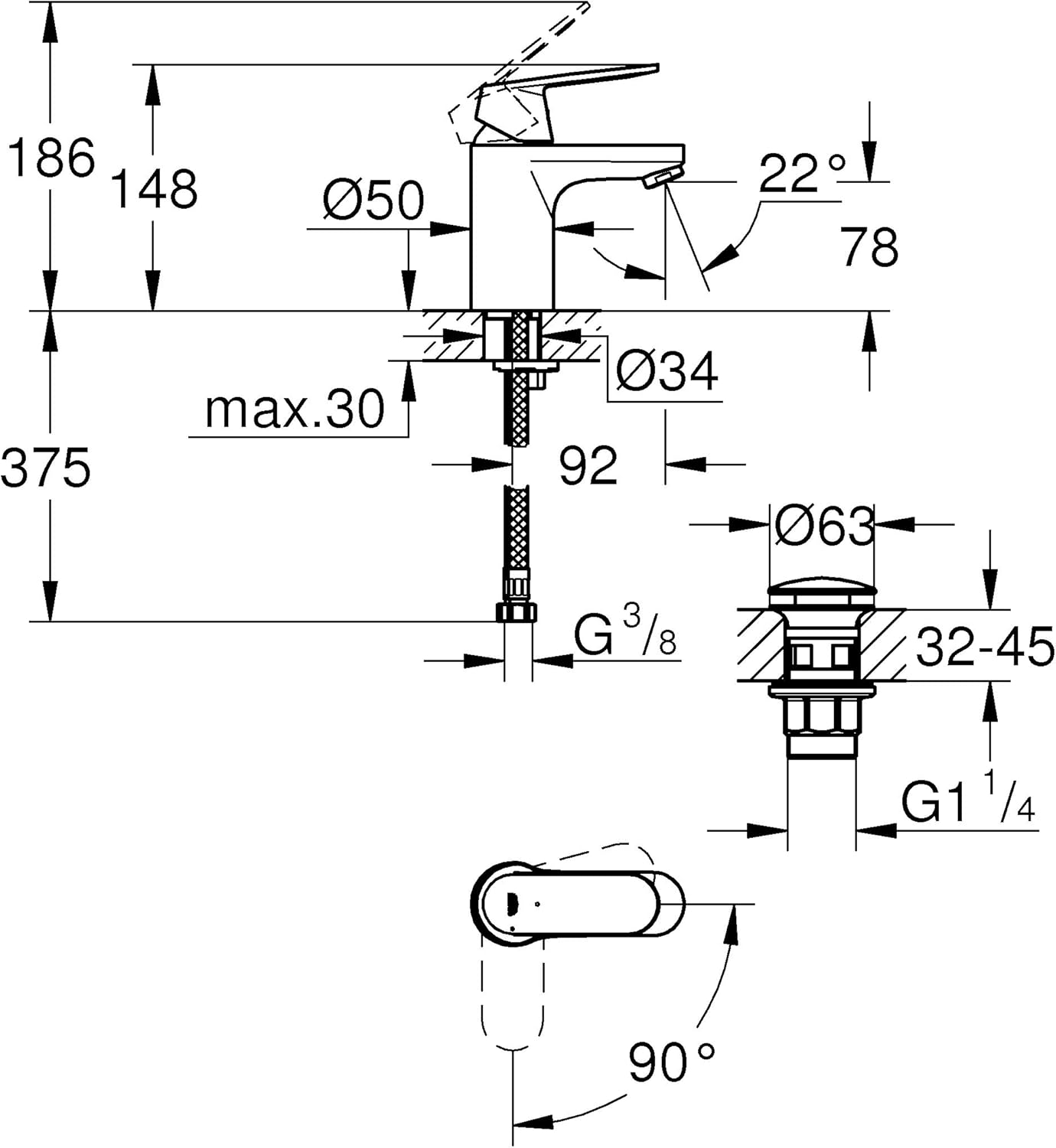 GROHE 23927000 Eurosmart Cosmop. OHM Basin Click S Tap, Chrome