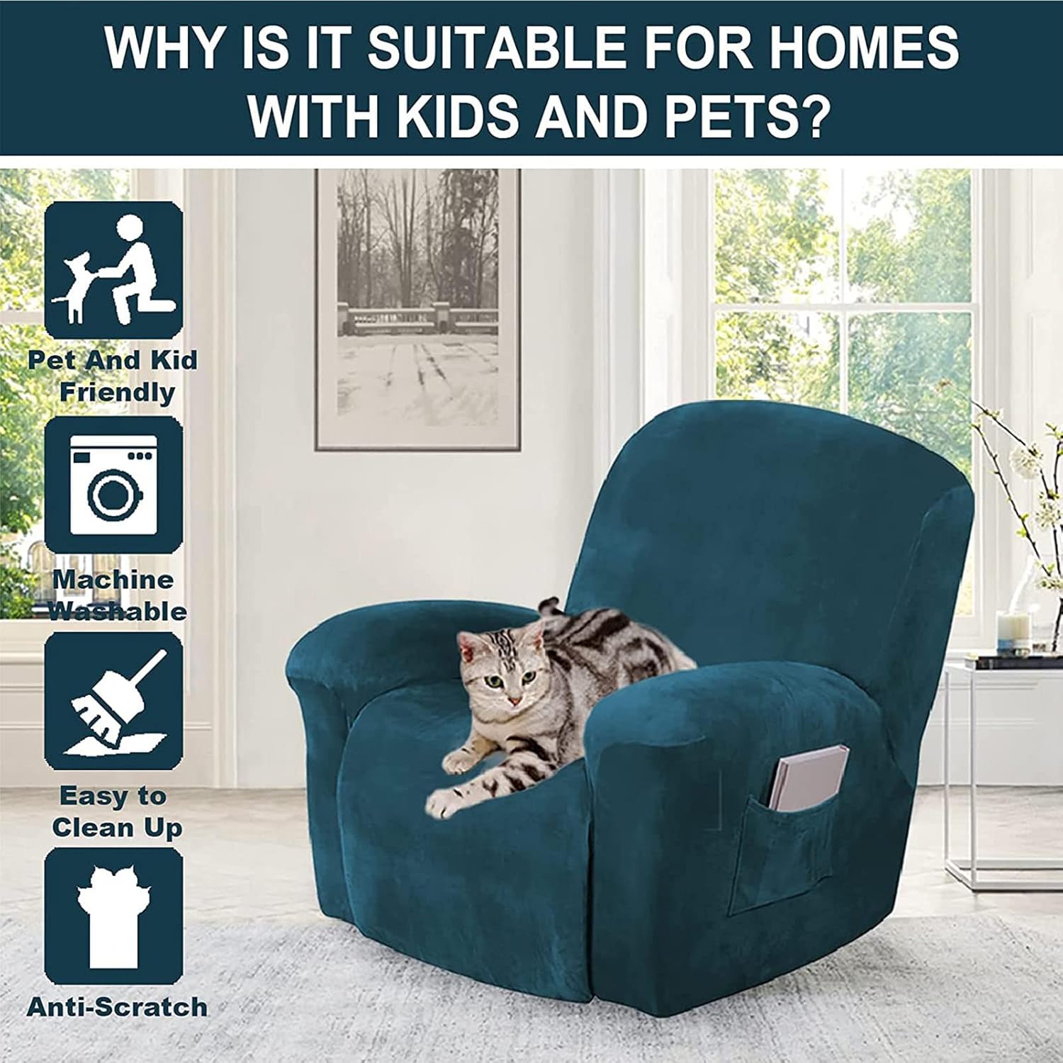 Velvet Recliner Chair Covers, 4-Pieces Stretch Sofa Covers for 1 Seater Reclining Sofa Slipcovers Manual Electric Recliners Couch Covers Pets Kids Children Cats Dogs Furniture Protector (Khaki)