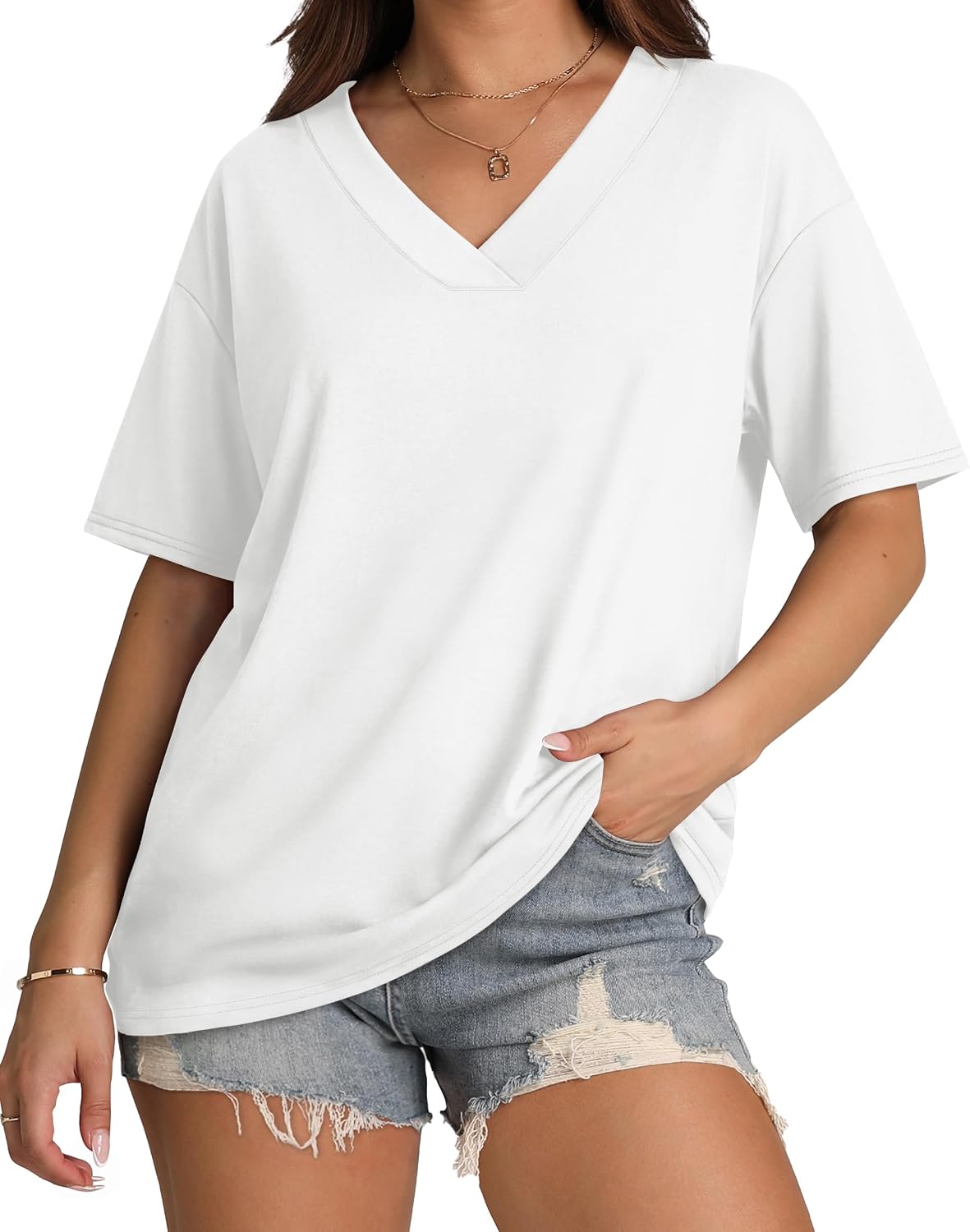 WIHOLL Oversized Tshirts for Women 2026 Summer Tops Short Sleeve V Neck Shirts Basic Tee