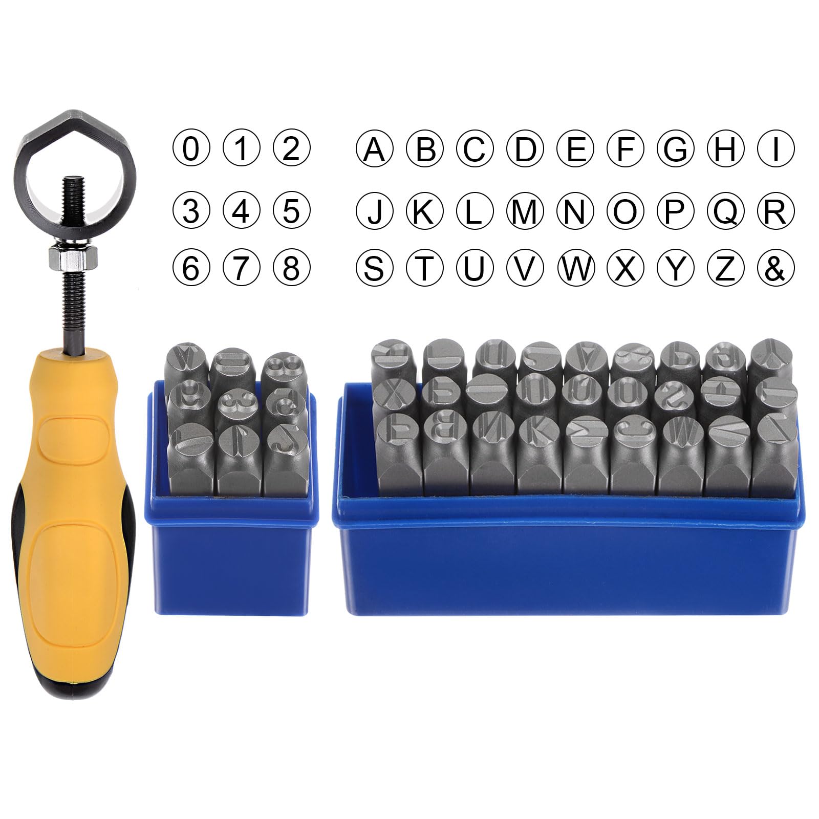 QUARKZMAN 36pz Metallo Stampaggio Kit 25/64" (10mm) (AZ, 0-8,"&" Simbolo) Acciaio Lettera Pugno Premere Utensile con Supporto per Stampa su Metallo, Plastica, Legno, Pelle, Argento