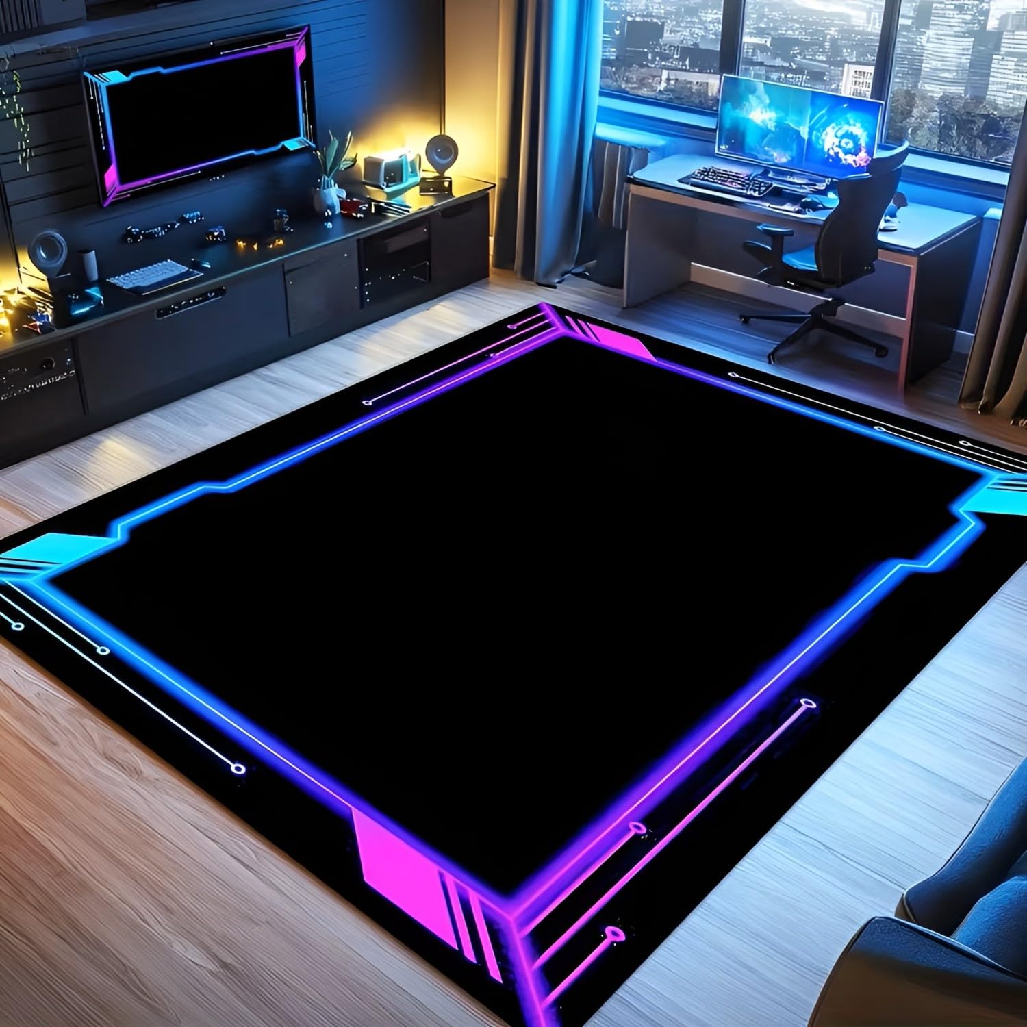 Gaming Teppich Cyberpunk Design, Futuristischer Rahmen Optik in Blau & Pink, Rutschhemmend, Maschinenwaschbar Pflegeleicht, Spielzimmer E-Sport Zimmer, 100x150cm