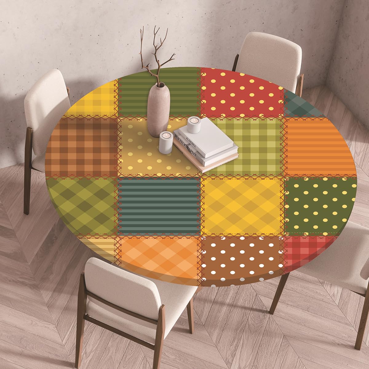 Tischdecke Rund 140 cm Retro Grün Rot Gartentischdecke Wetterfest Elastisch Abwaschbar Runde Tischdecke Outdoor Indoor Wiederverwendbare Table Cloth für Garten Restaurant